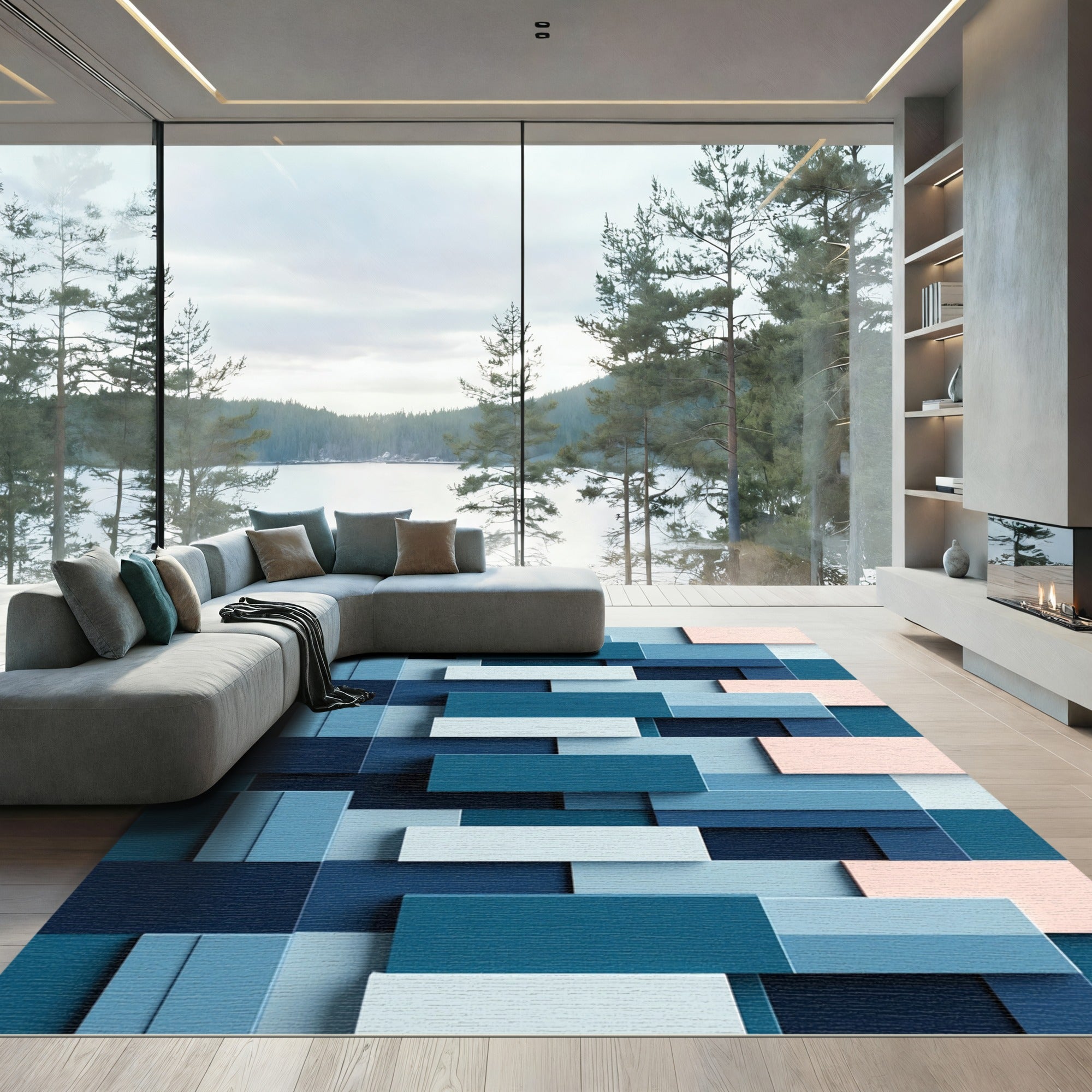 Modern Blue Tonal Stacked Rectangles Rug