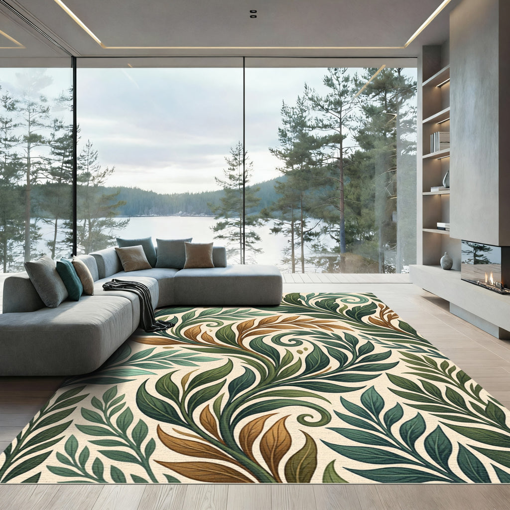 Elegant Green and Gold Leaf Swirl Rug