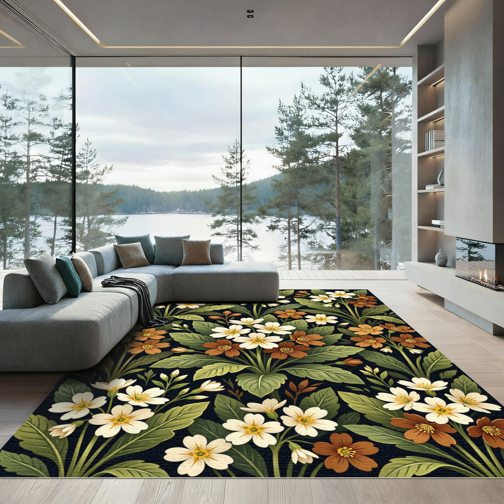 Botanical White and Copper Floral Meadow Rug