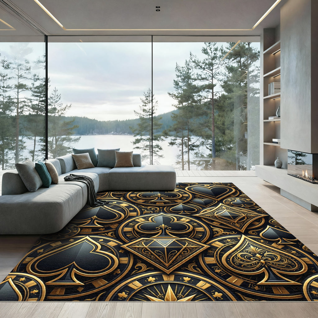 Luxury Black Gold Playing Card Medallion Rug