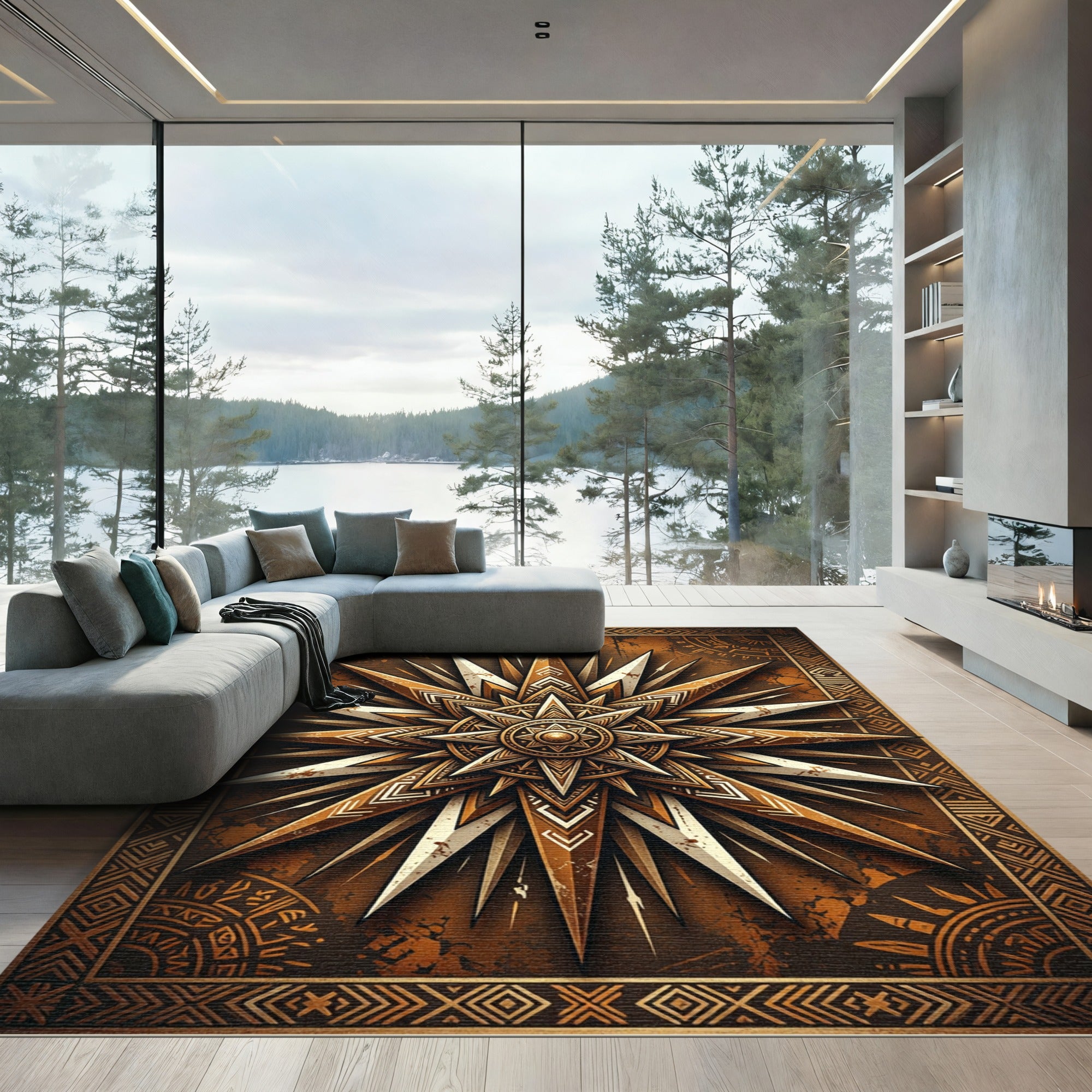 Celestial Gold Sunburst Geometric Area Rug