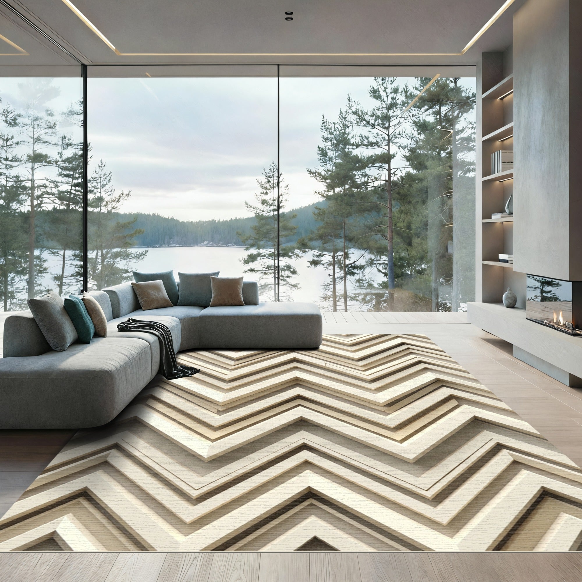 Cream Chevron Layered Relief Rug