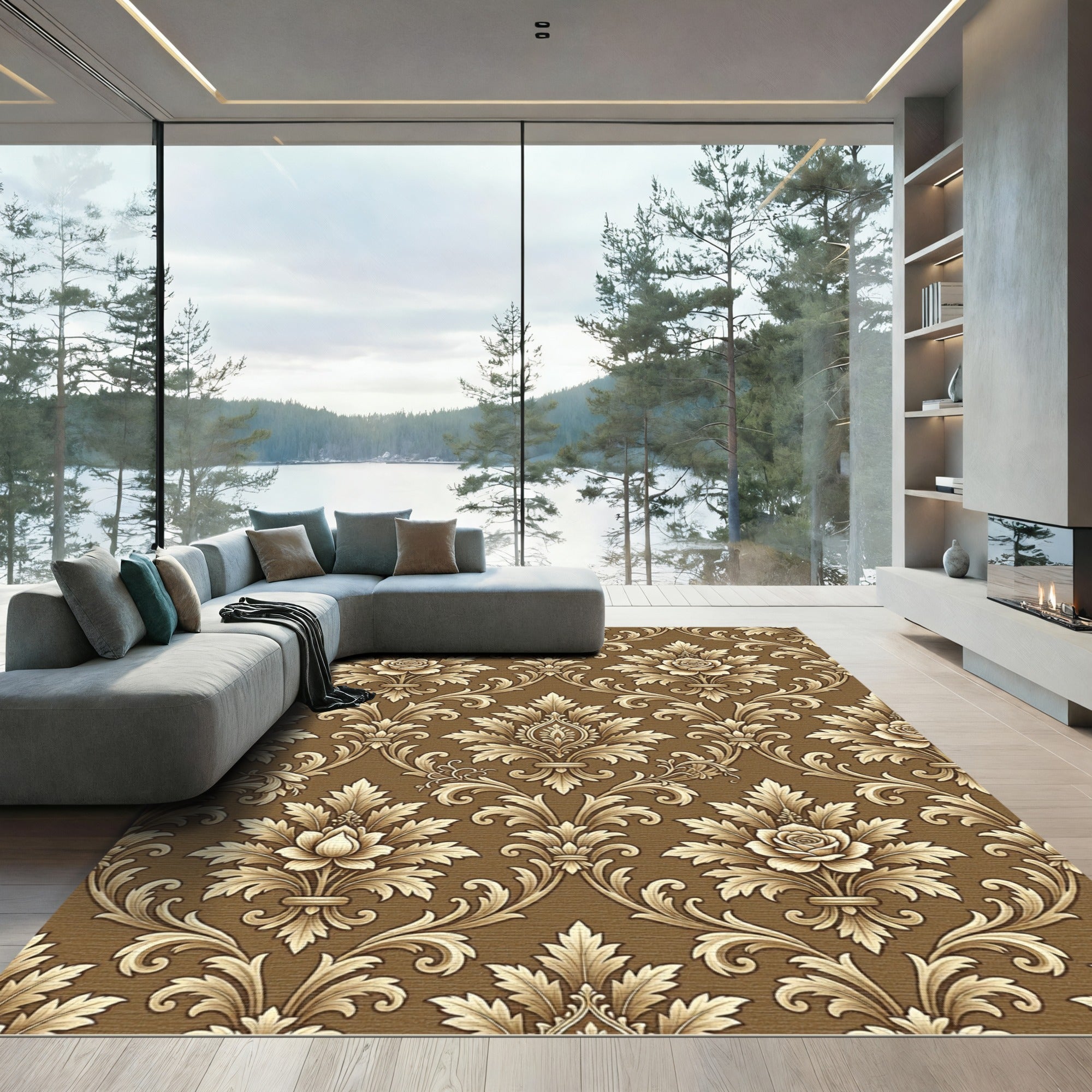 Brown Gold Floral Damask Scroll Rug