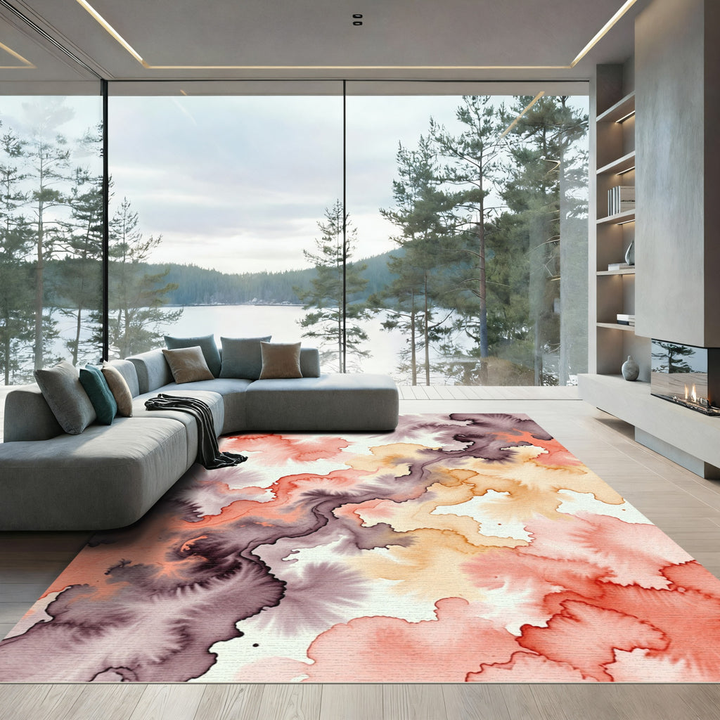 Abstract Coral Peach and Plum Watercolor Rug