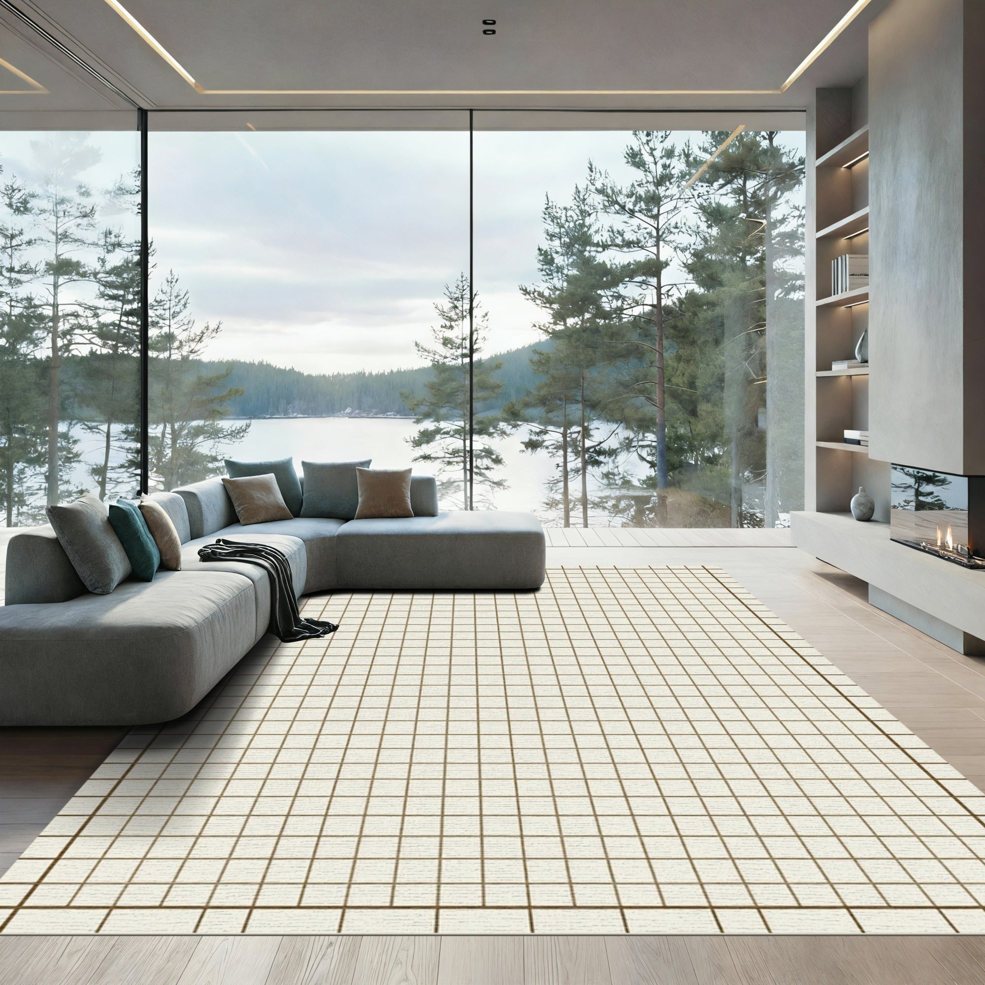 Minimalist Tan Cream Grid Block Rug