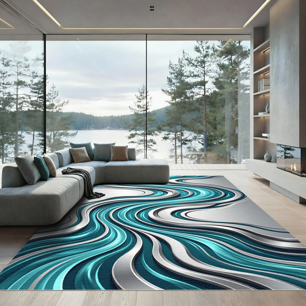 Liquid Metallic Teal Abstract Wave Rug