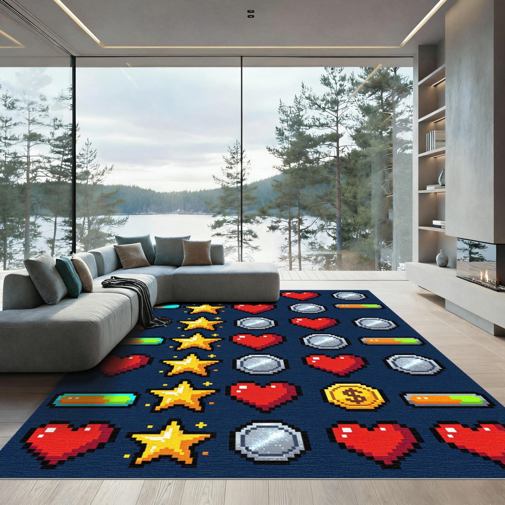 Pixelated Retro Gaming Icon Grid Rug