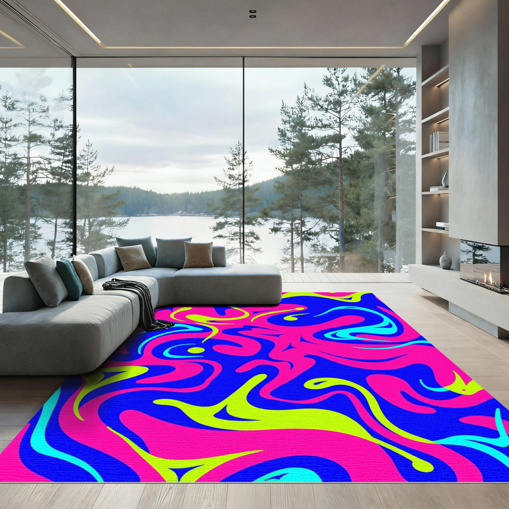 Vibrant Pink Blue Swirls And Shapes Rug