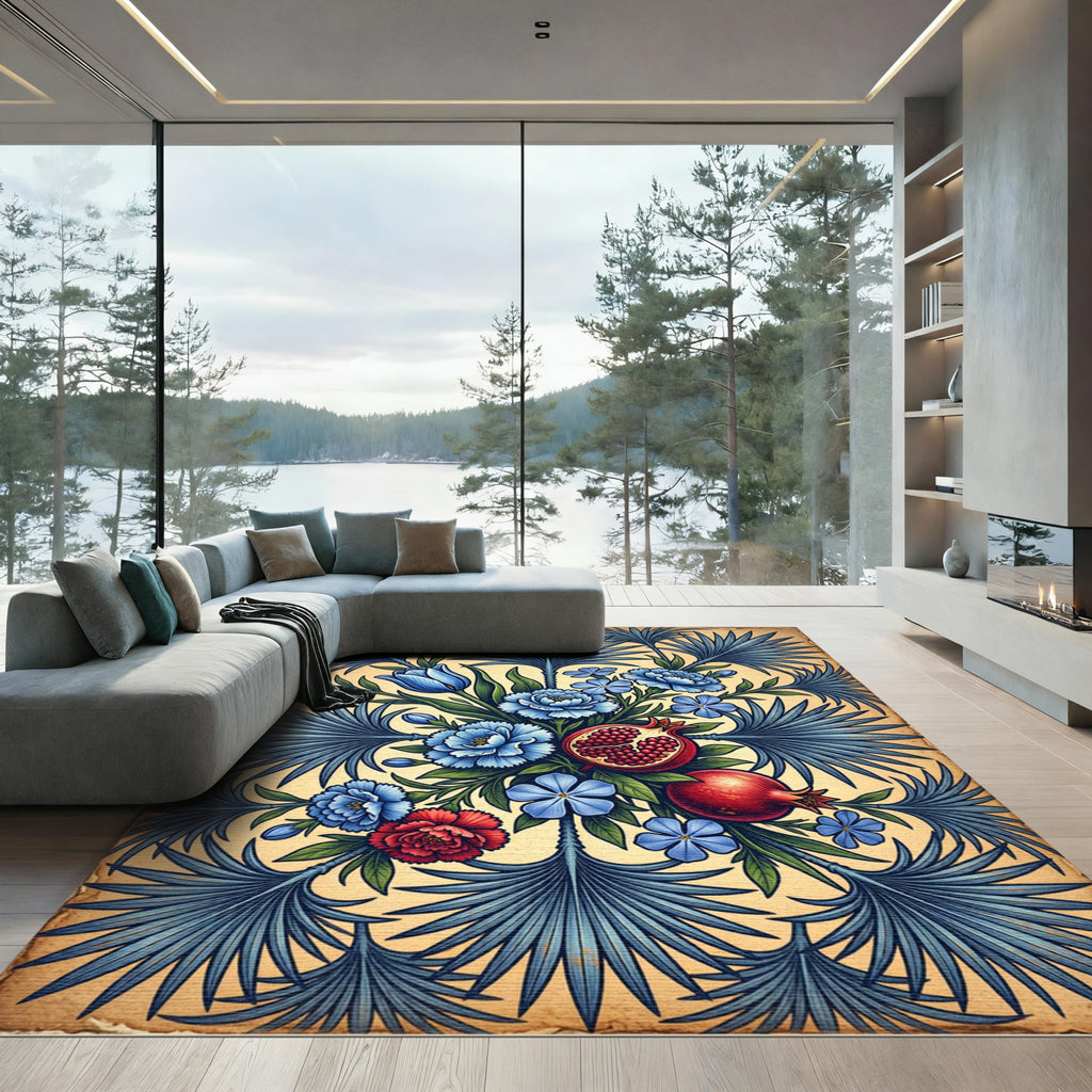 Crimson Pomegranate Blue Floral Fan Rug