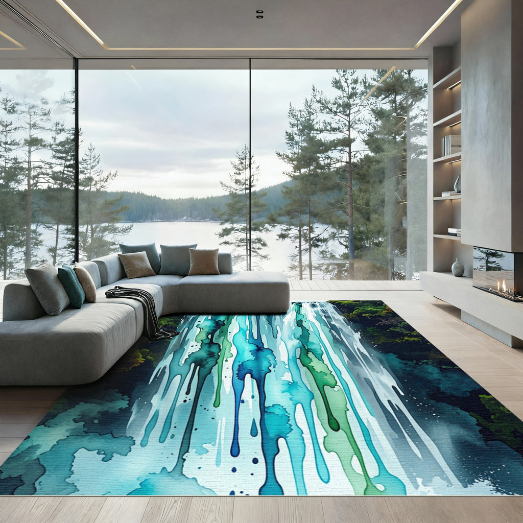 Cascading Teal Blue Waterfall Abstract Shimmer Rug