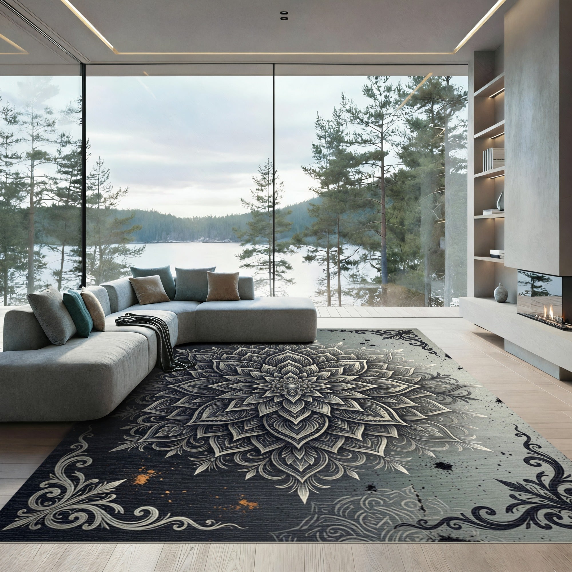 Ethereal Silver Mandala Floral Art Rug