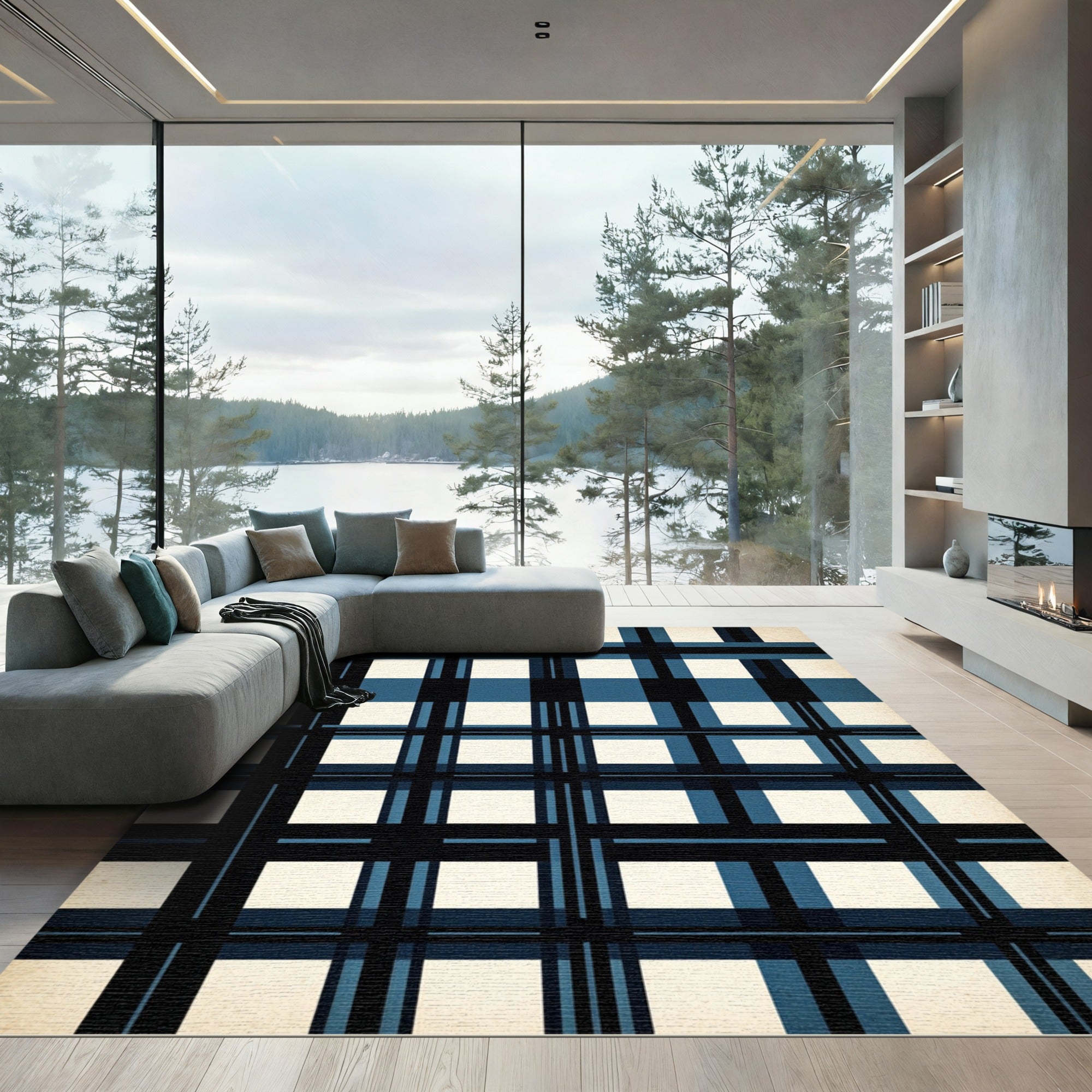 Classic Blue Crosshatch Grid Rug