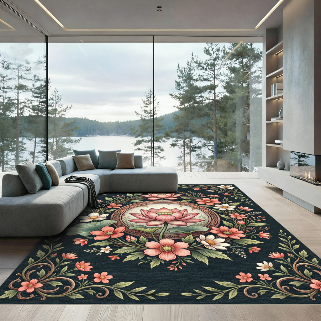 Elegant Pink Lotus Floral Medallion Rug