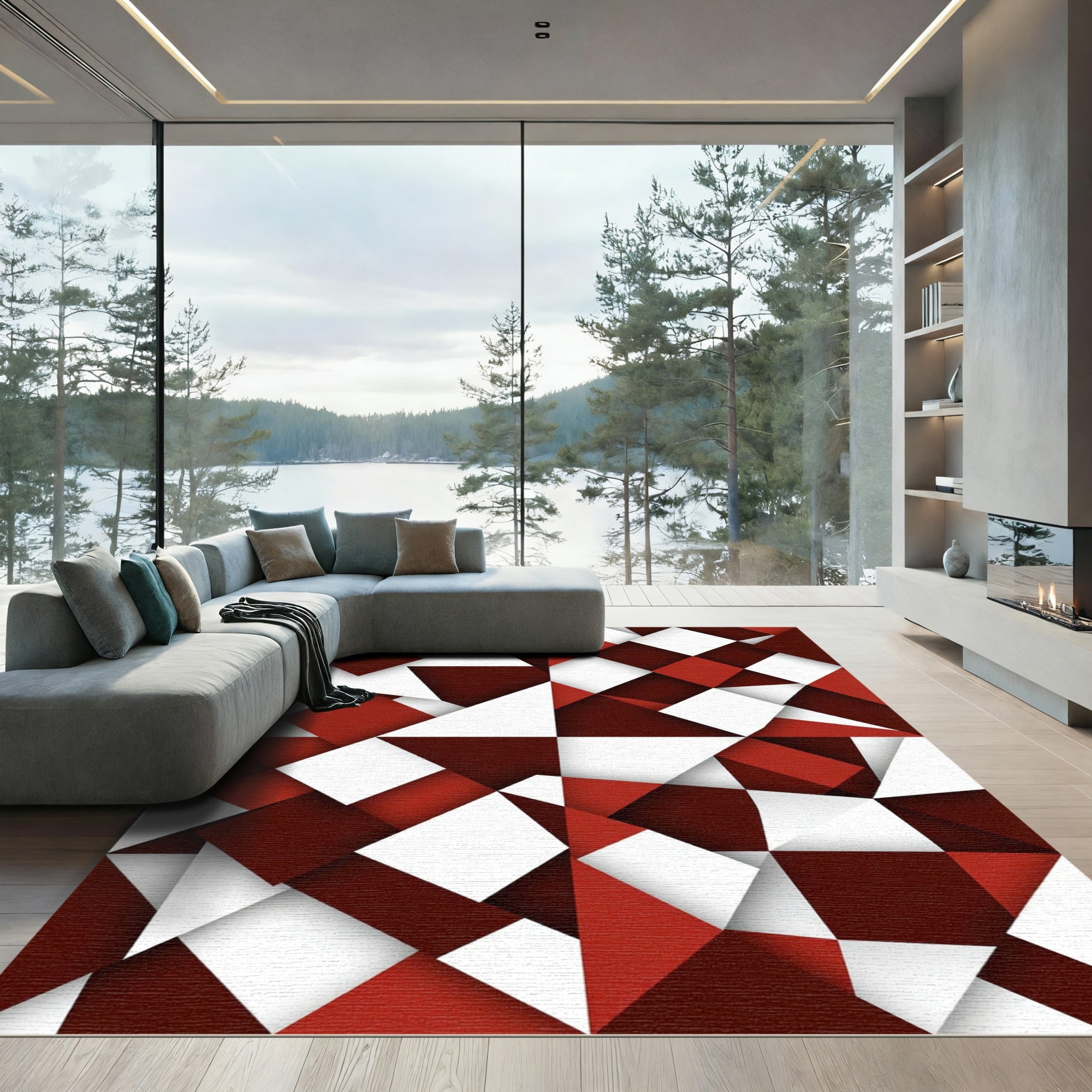 Modern Crimson White Geometric Angular Block Rug