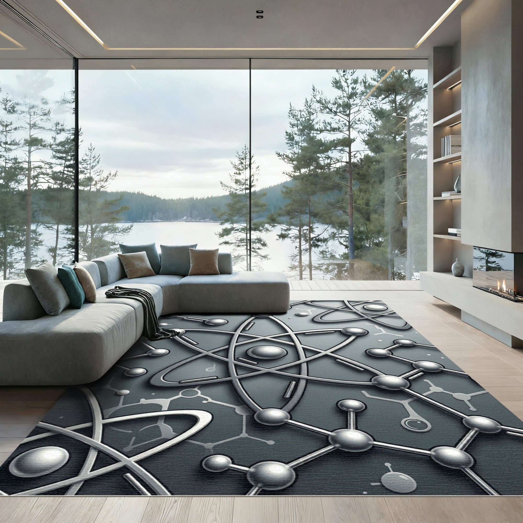 Silver Metallic Atomic Molecular Structure Rug