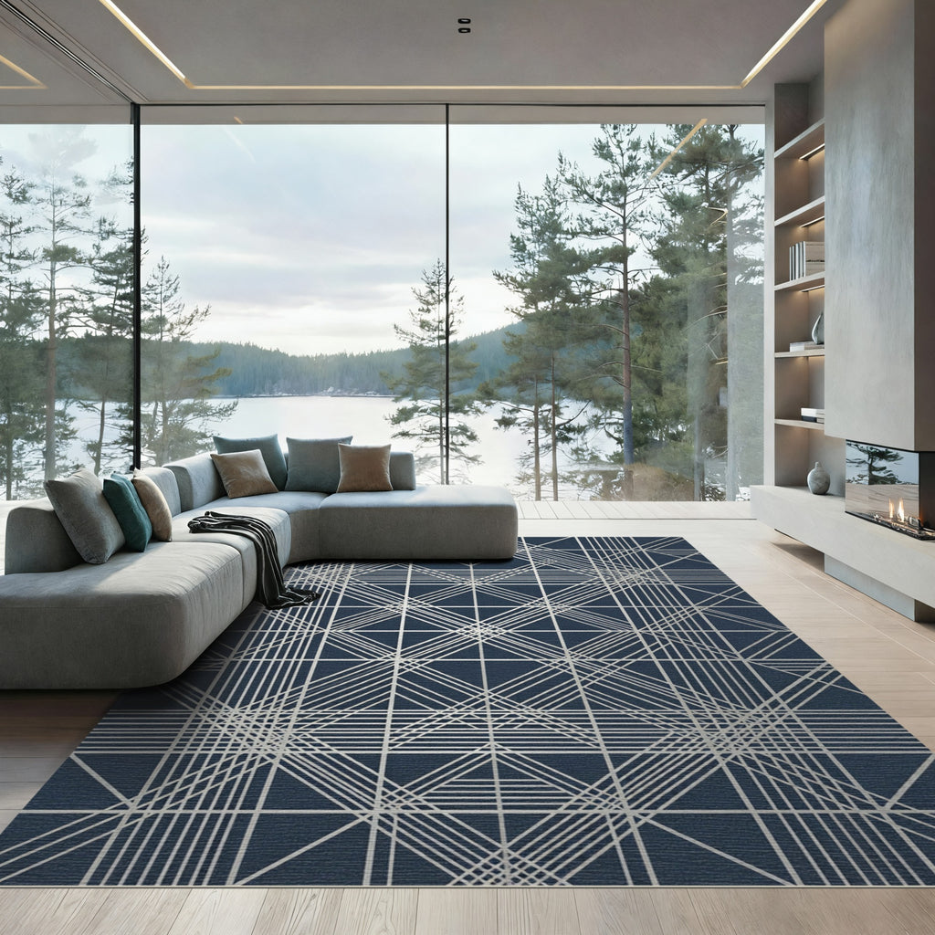 Silver Geometric Lattice Navy Rug