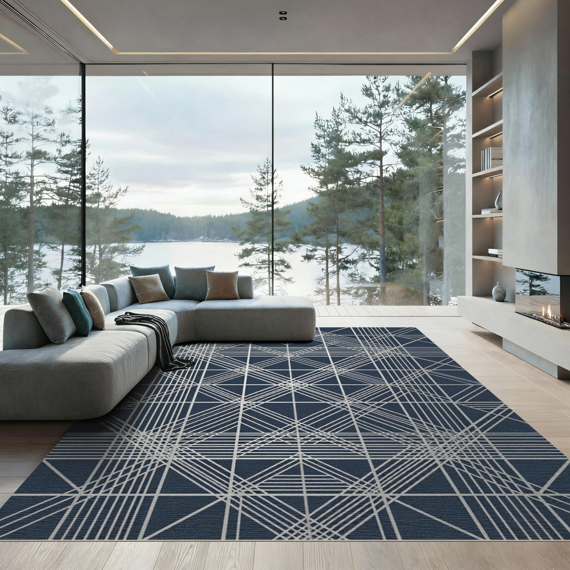 Silver Geometric Lattice Navy Rug