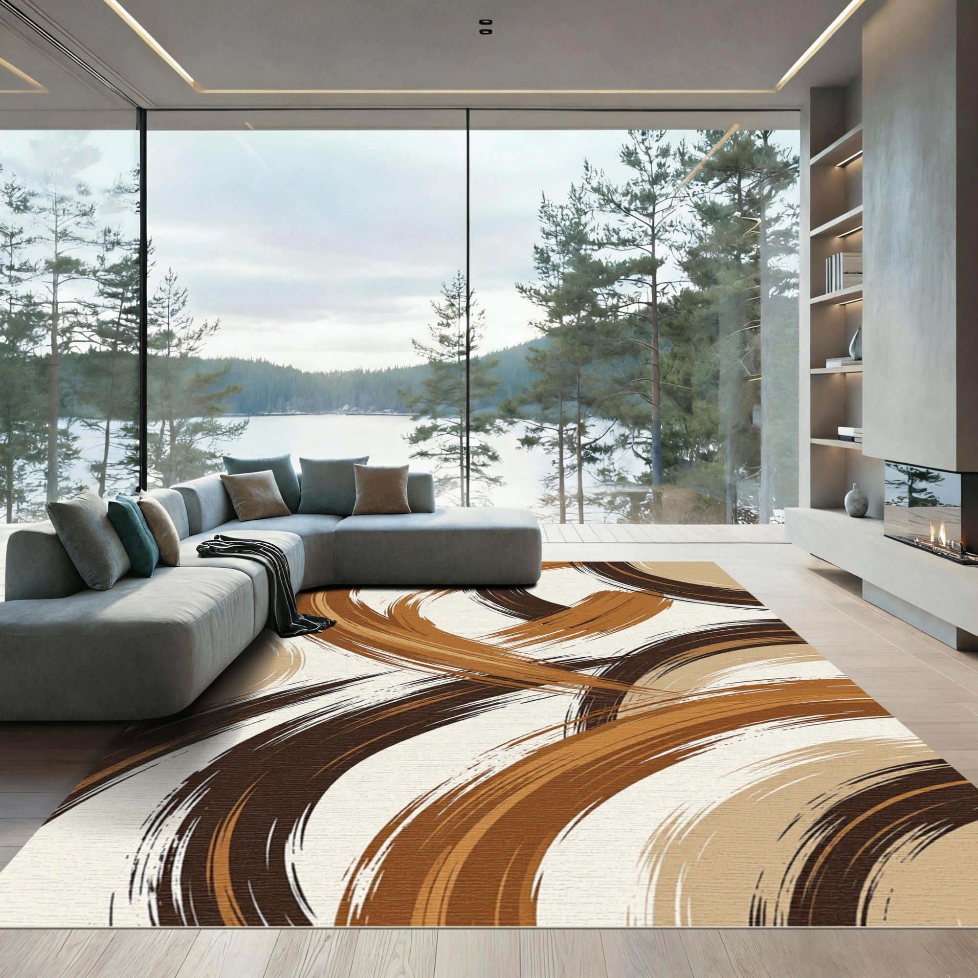 Abstract Earthy Brown Brushstroke Swirl Rug