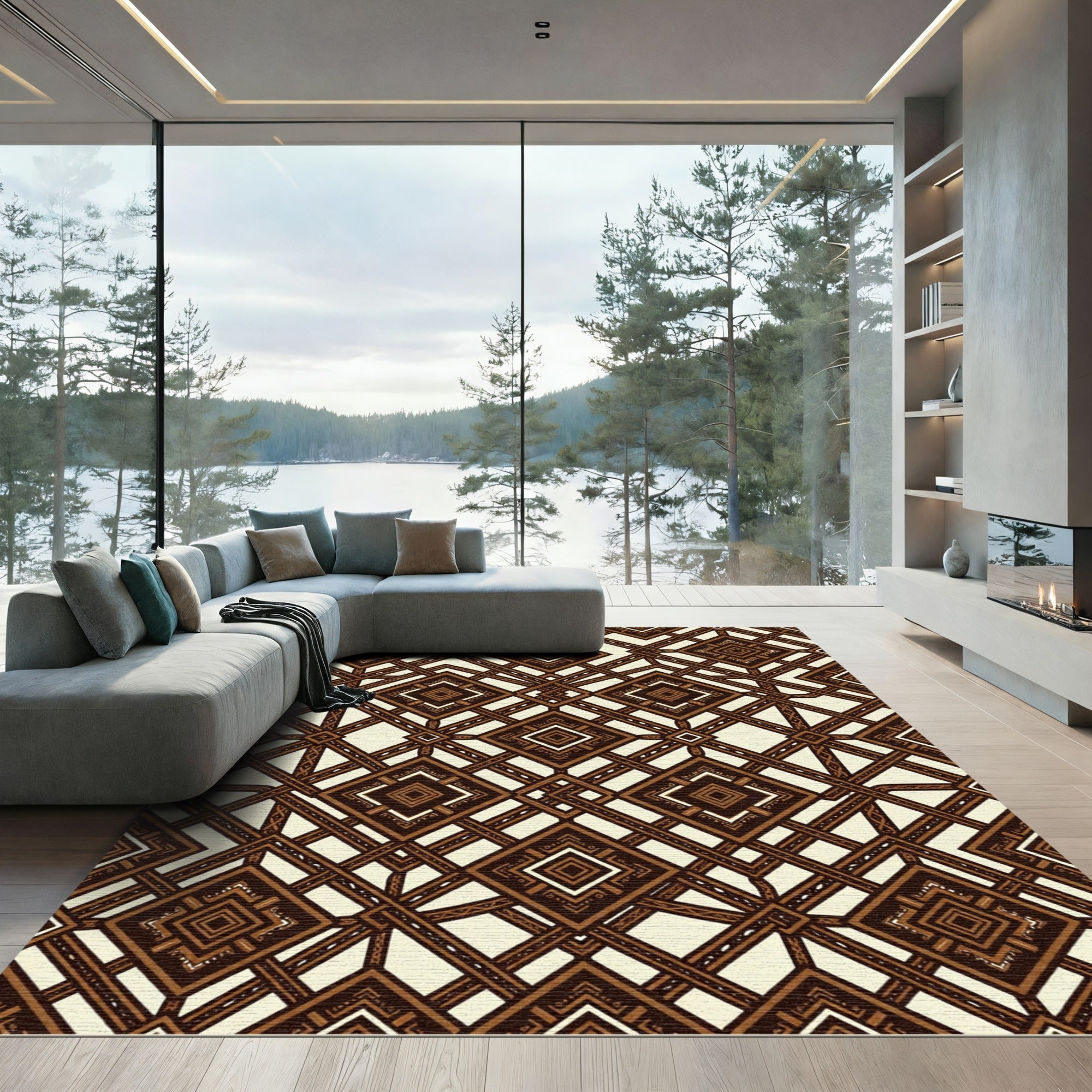Chocolate Brown Geometric Diamond Lattice Rug