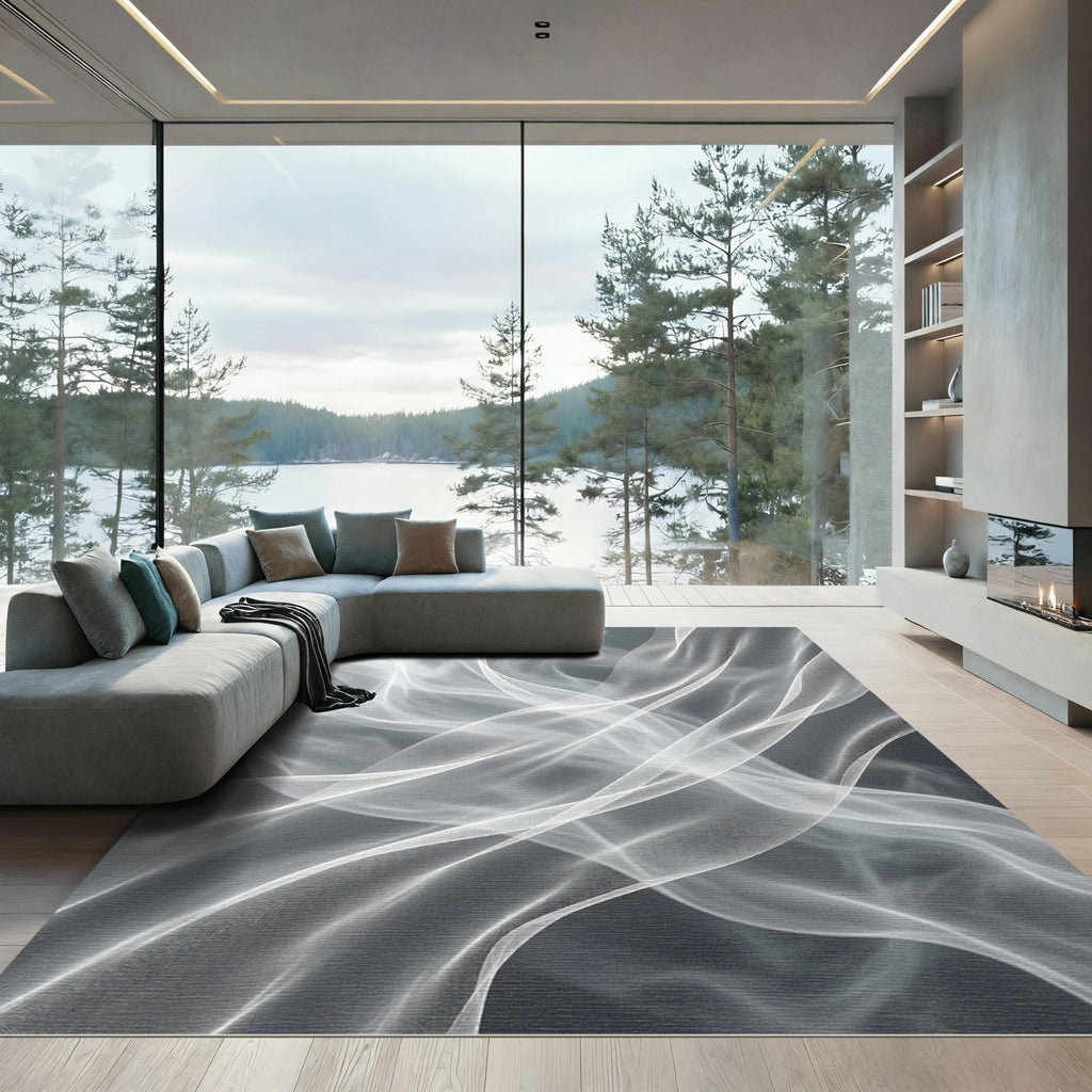 Ethereal White Abstract Flowing Wave Rug
