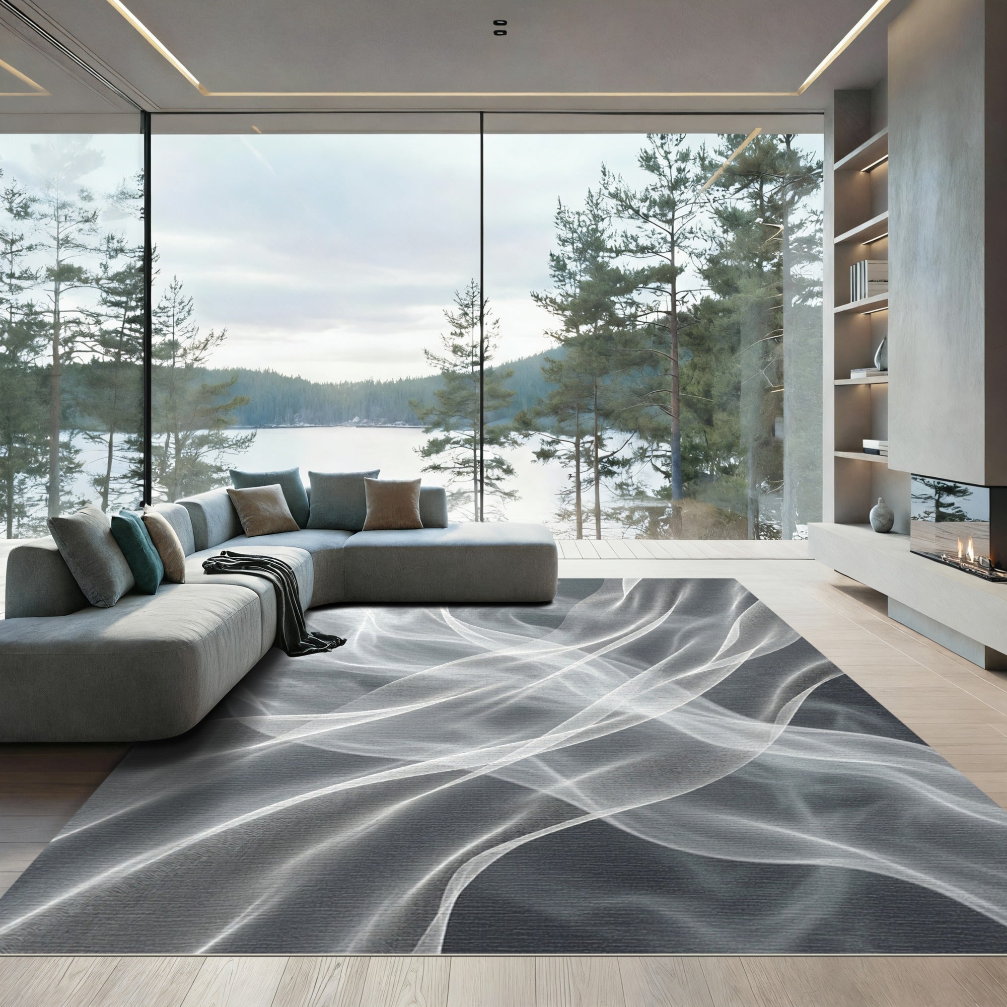 Ethereal White Abstract Flowing Wave Rug