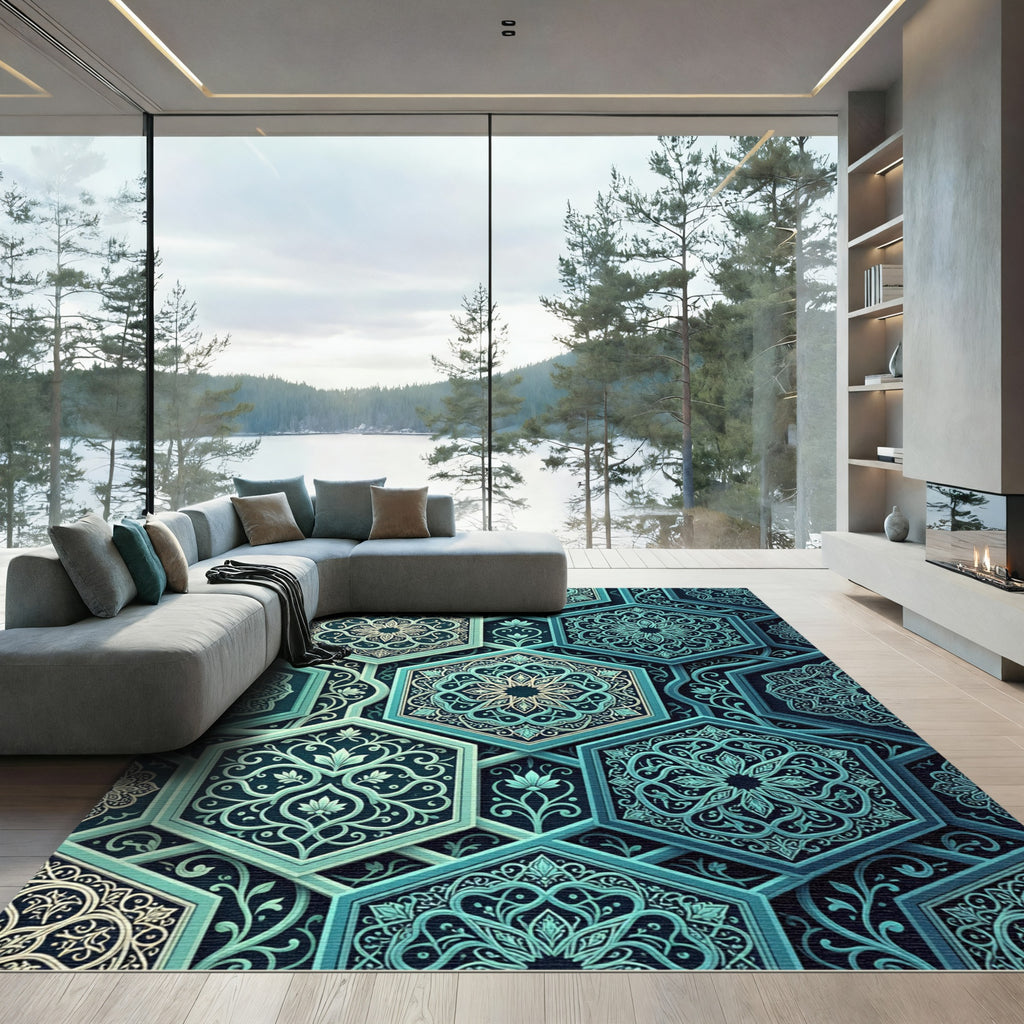 Teal Hexagonal Floral Lattice Medallion Rug