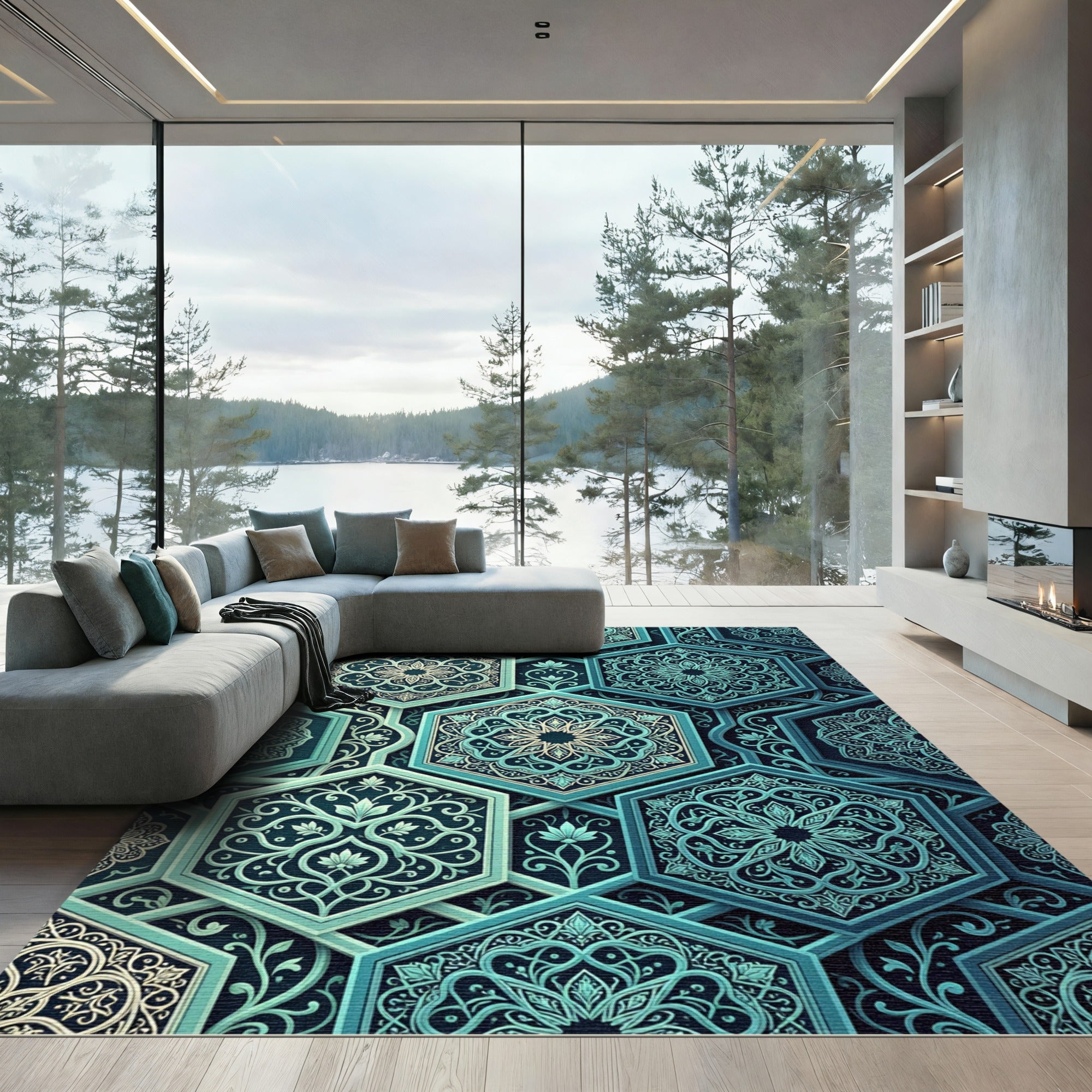 Teal Hexagonal Floral Lattice Medallion Rug
