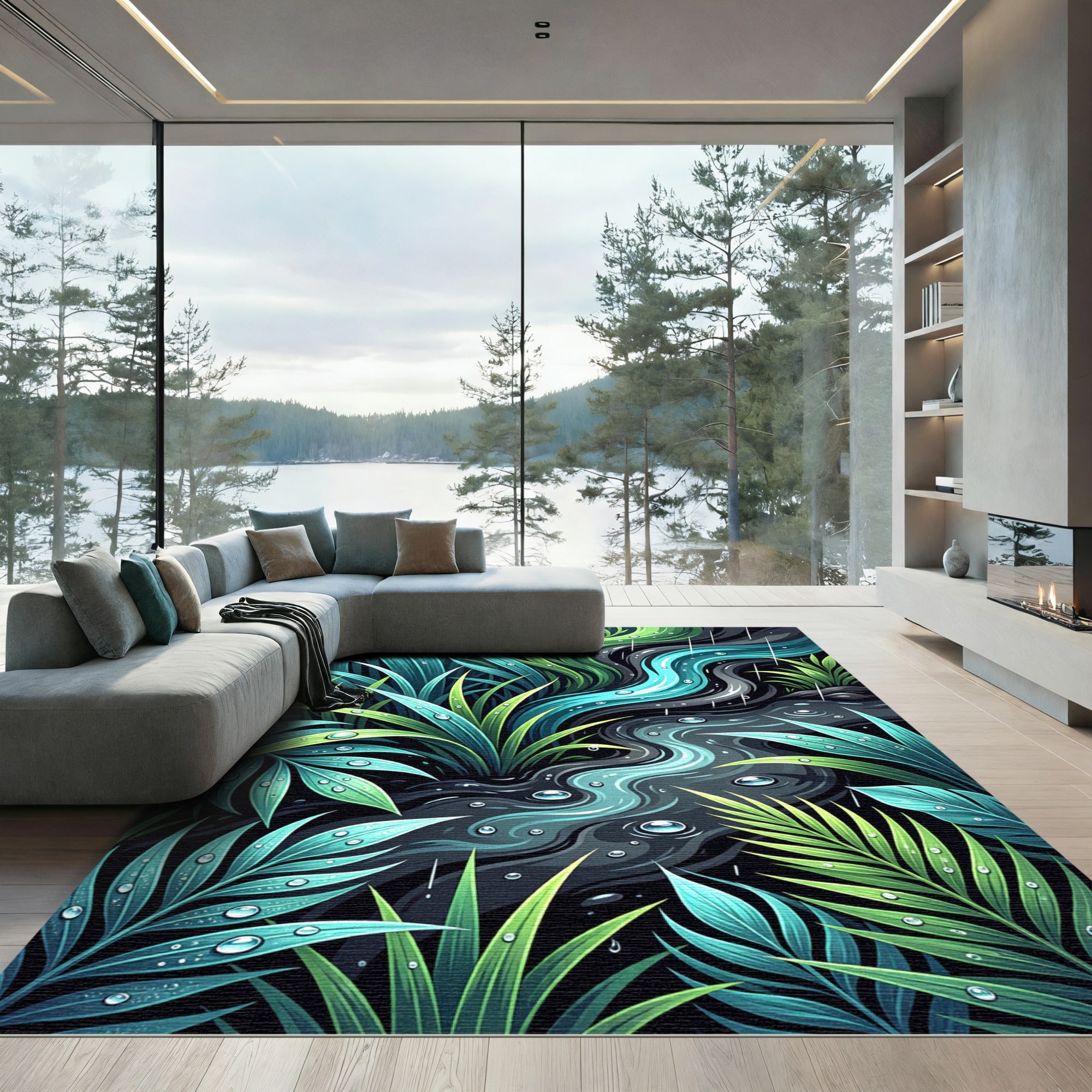 Lush Teal Tropical Rain Foliage Rug