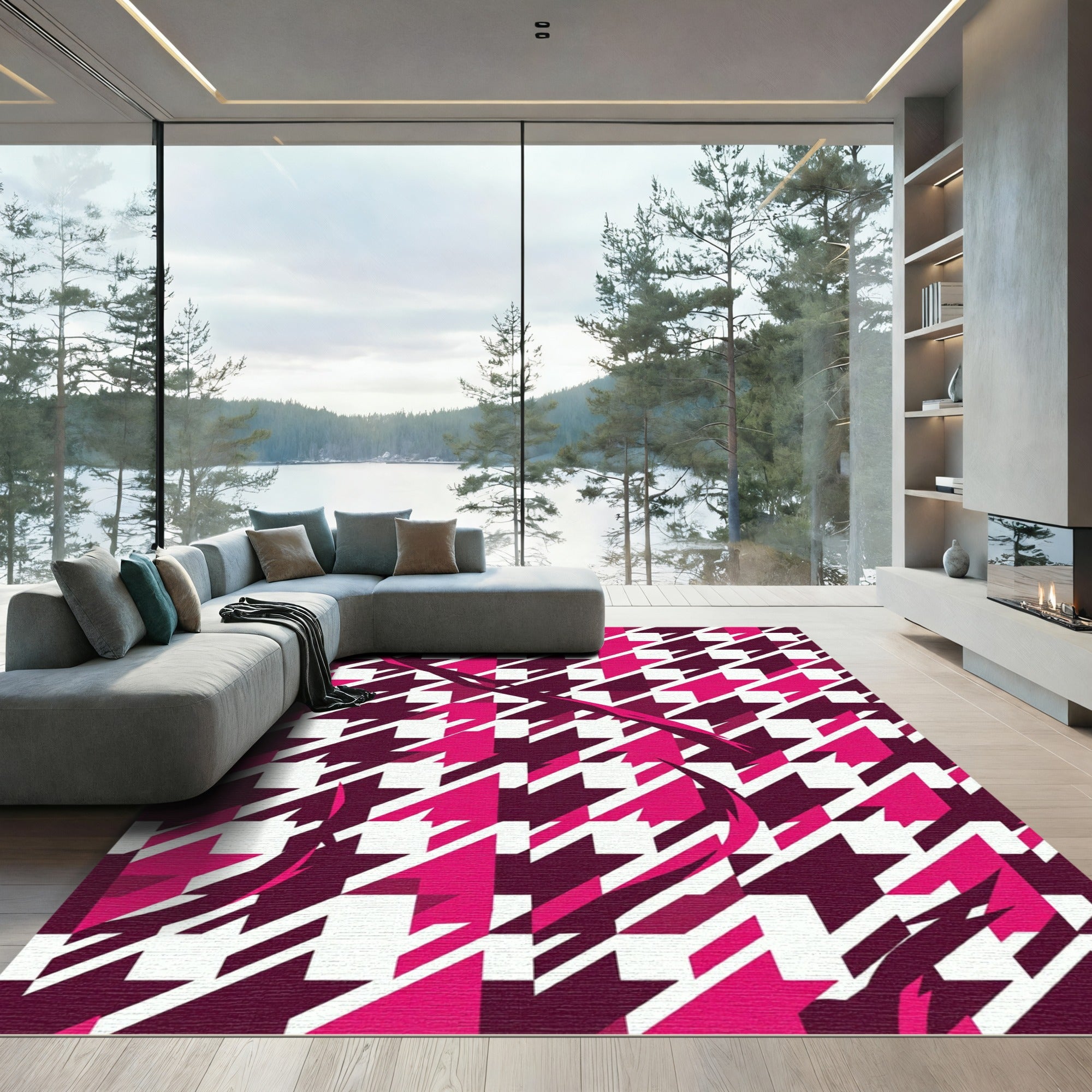 Pink Houndstooth Diamond Swirl Rug