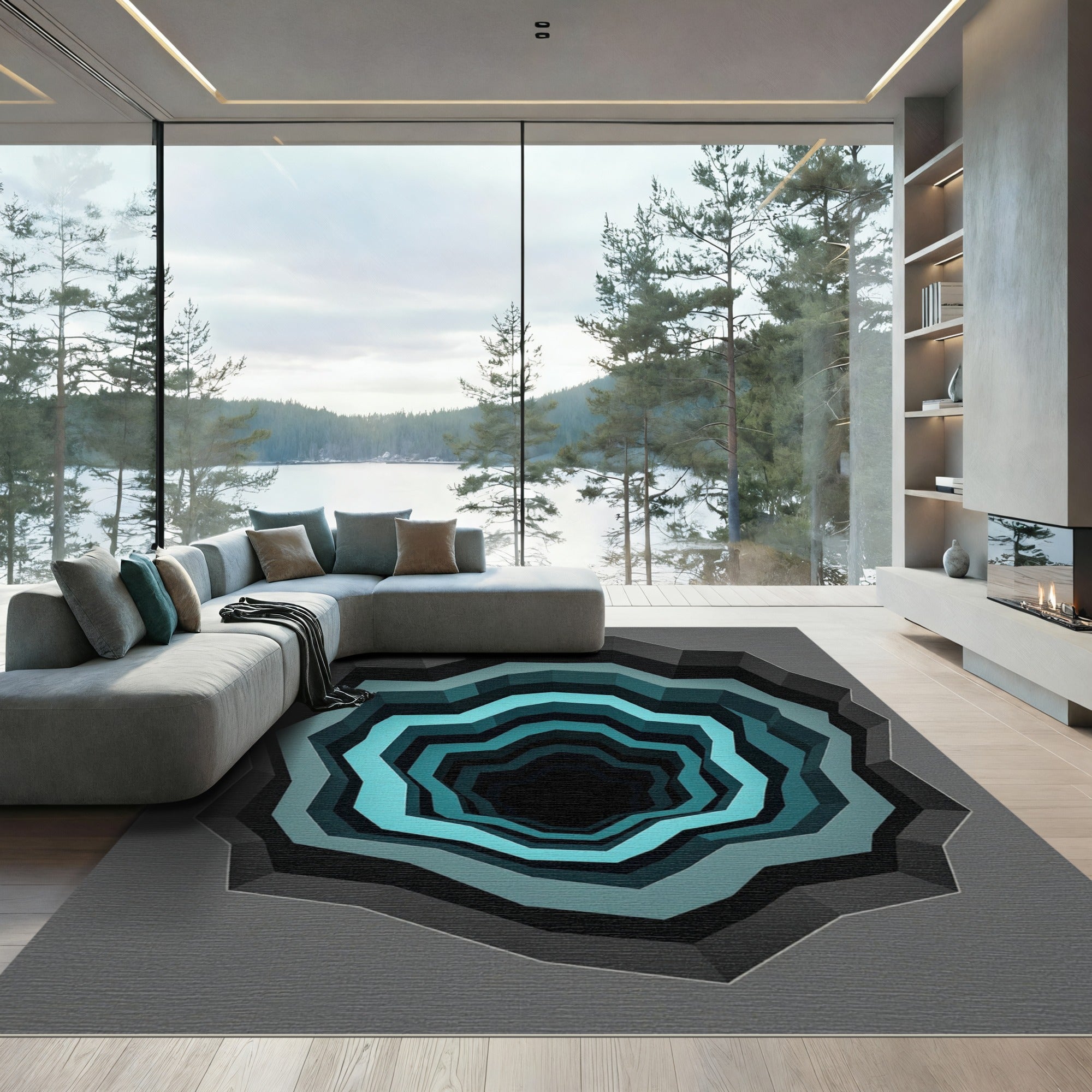 Abstract Azure Concentric Geometric Tunnel Rug