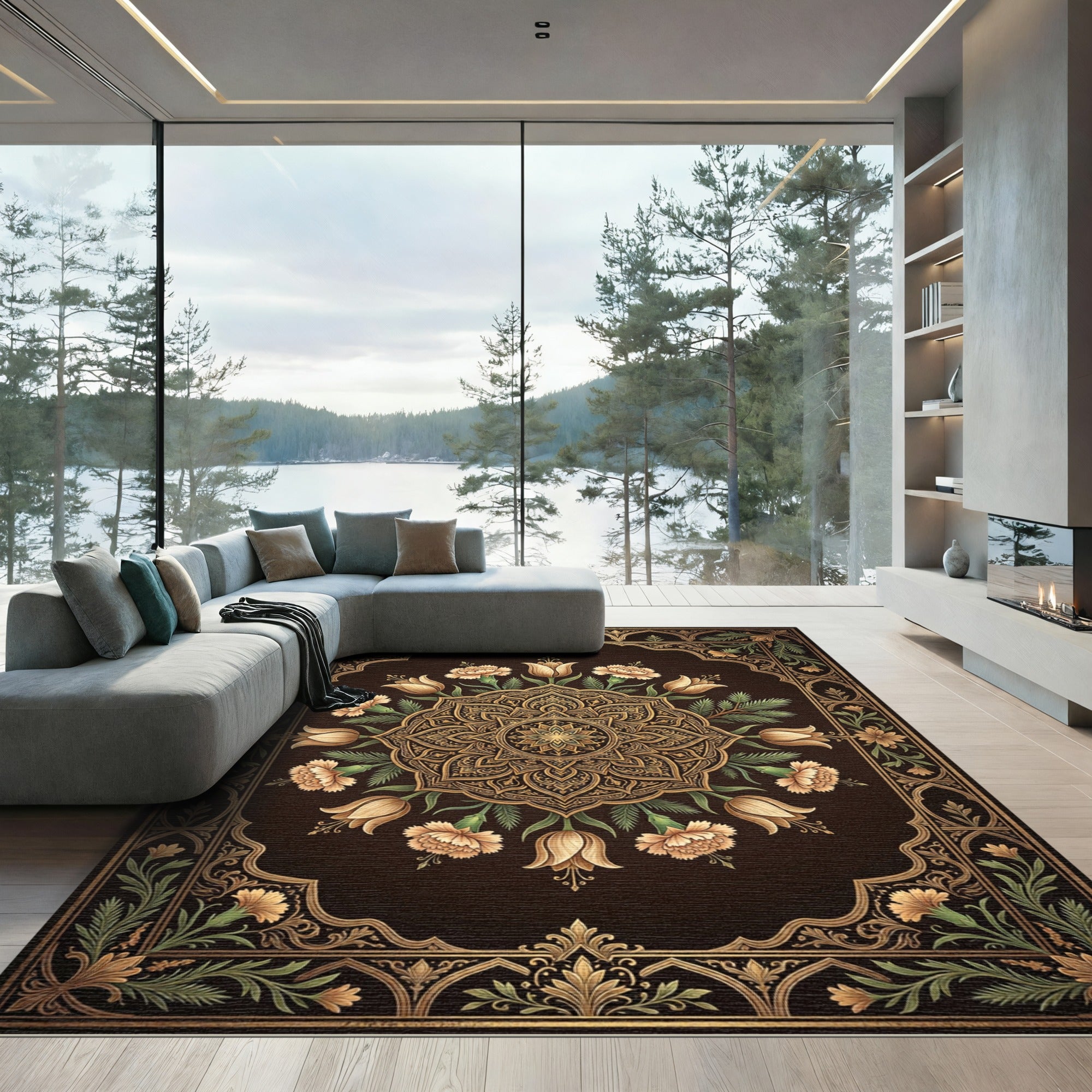 Ornate Golden Floral Medallion Bloom Rug