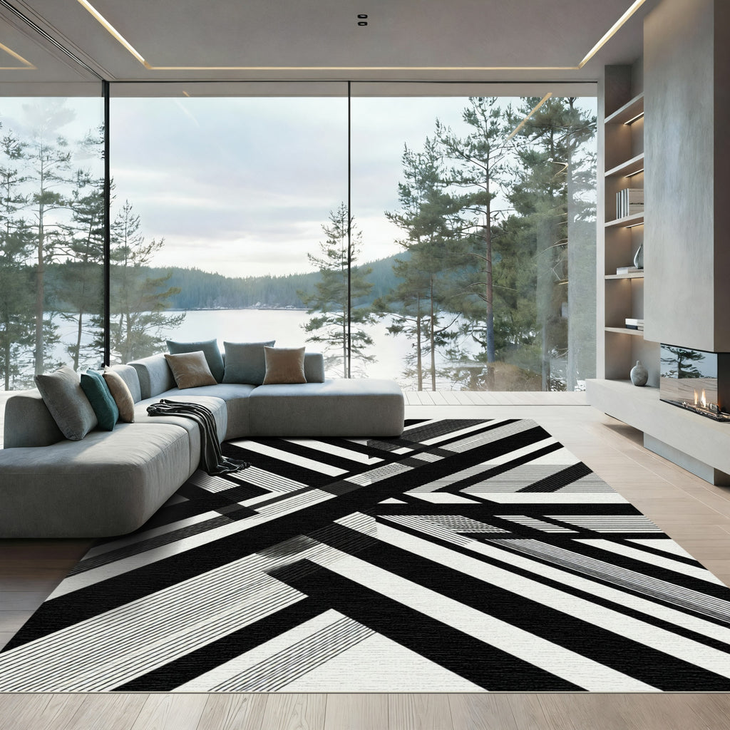 Monochrome Geometric Intersecting Linear Art Rug