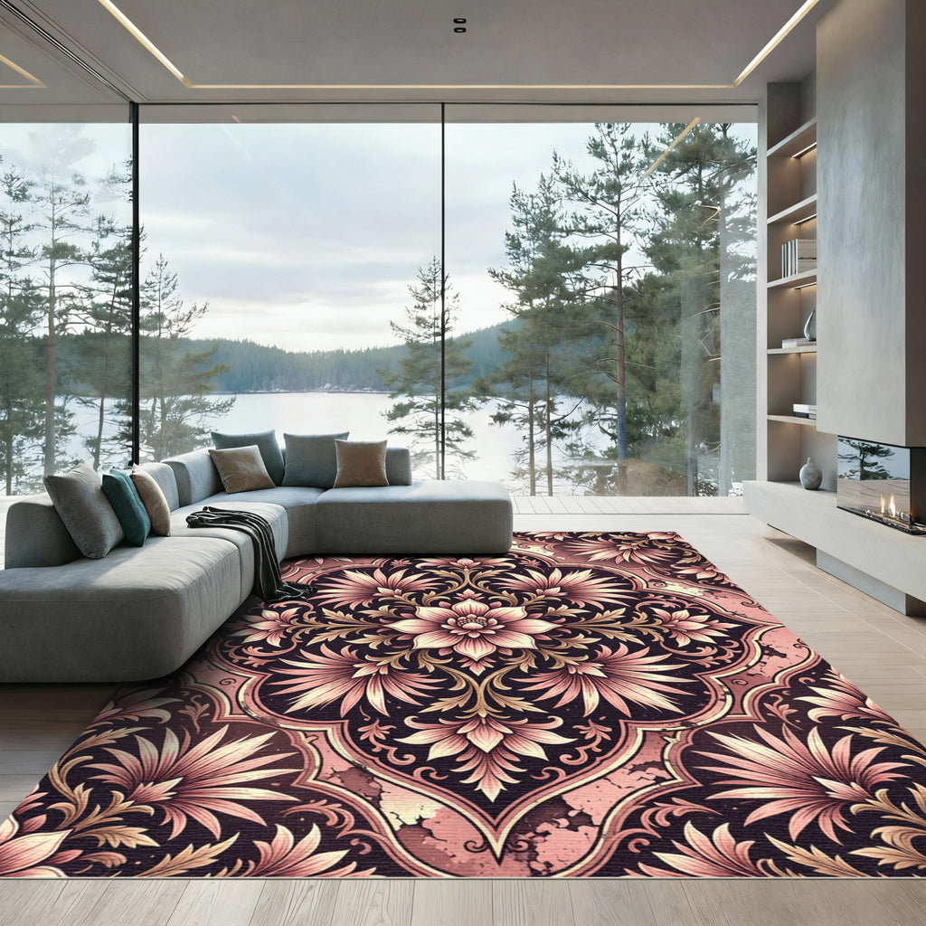 Elegant Blush Floral Damask Medallion Rug