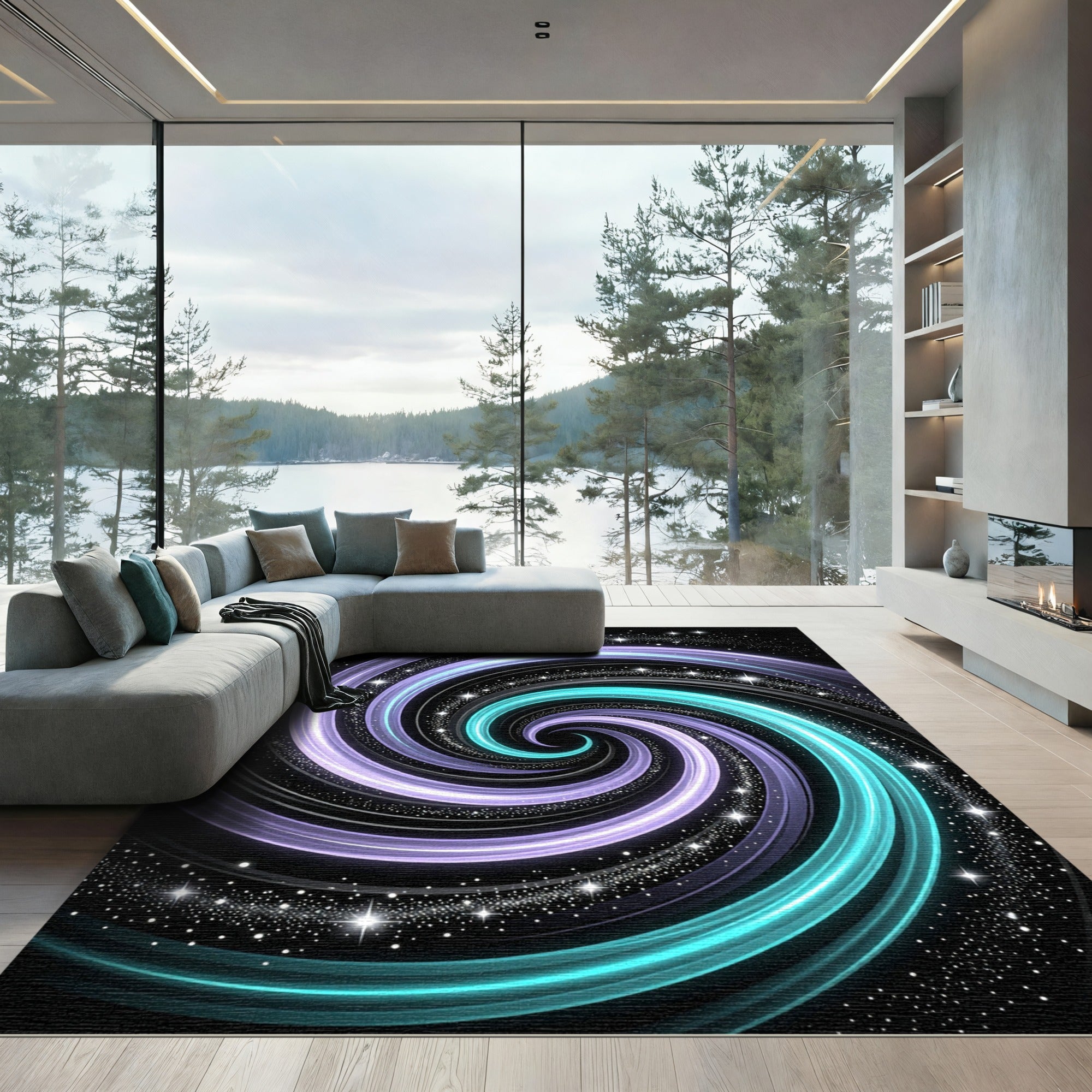 Cosmic Luminous Teal Violet Swirl Rug