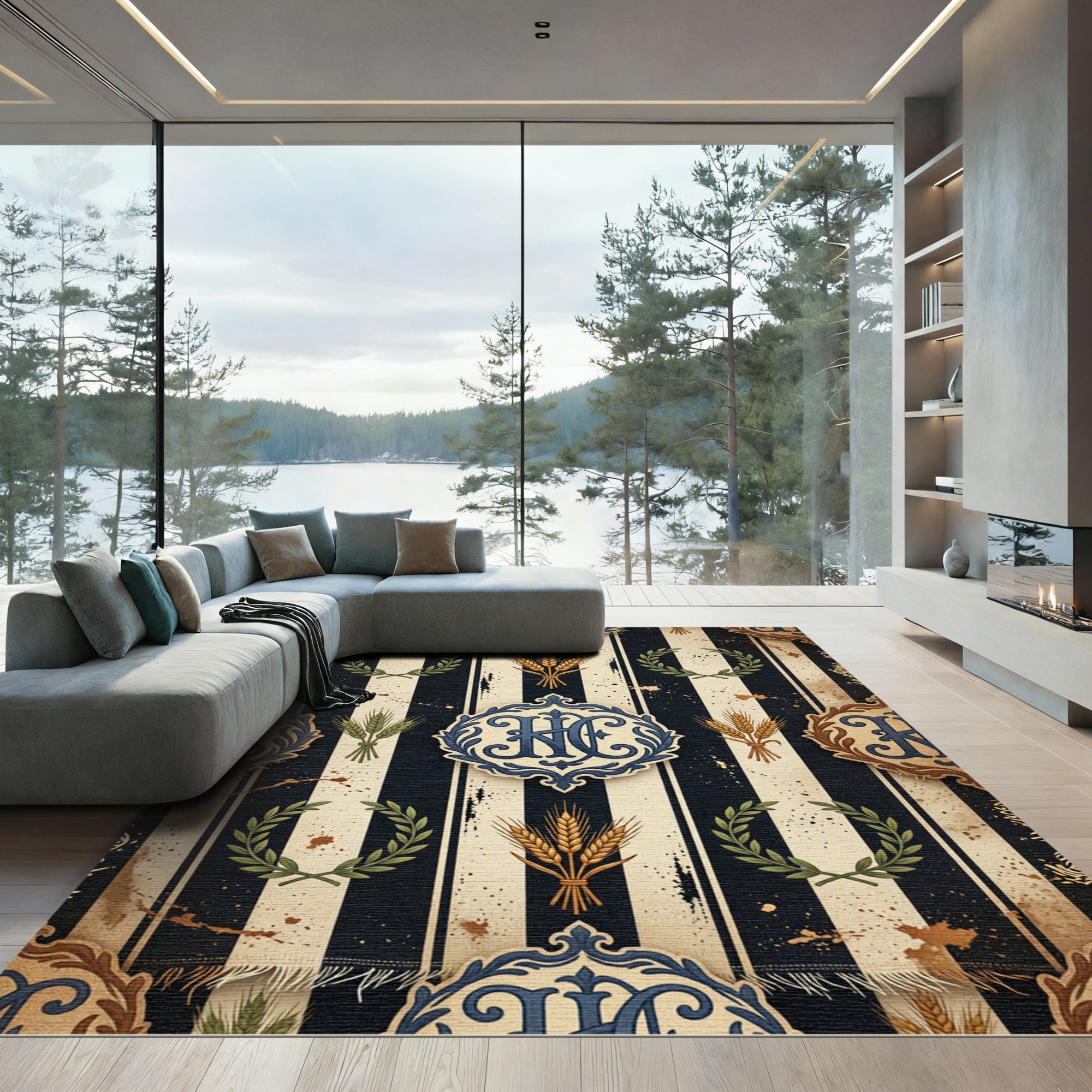 Vintage Navy Striped Wheat Regal Monogram Rug