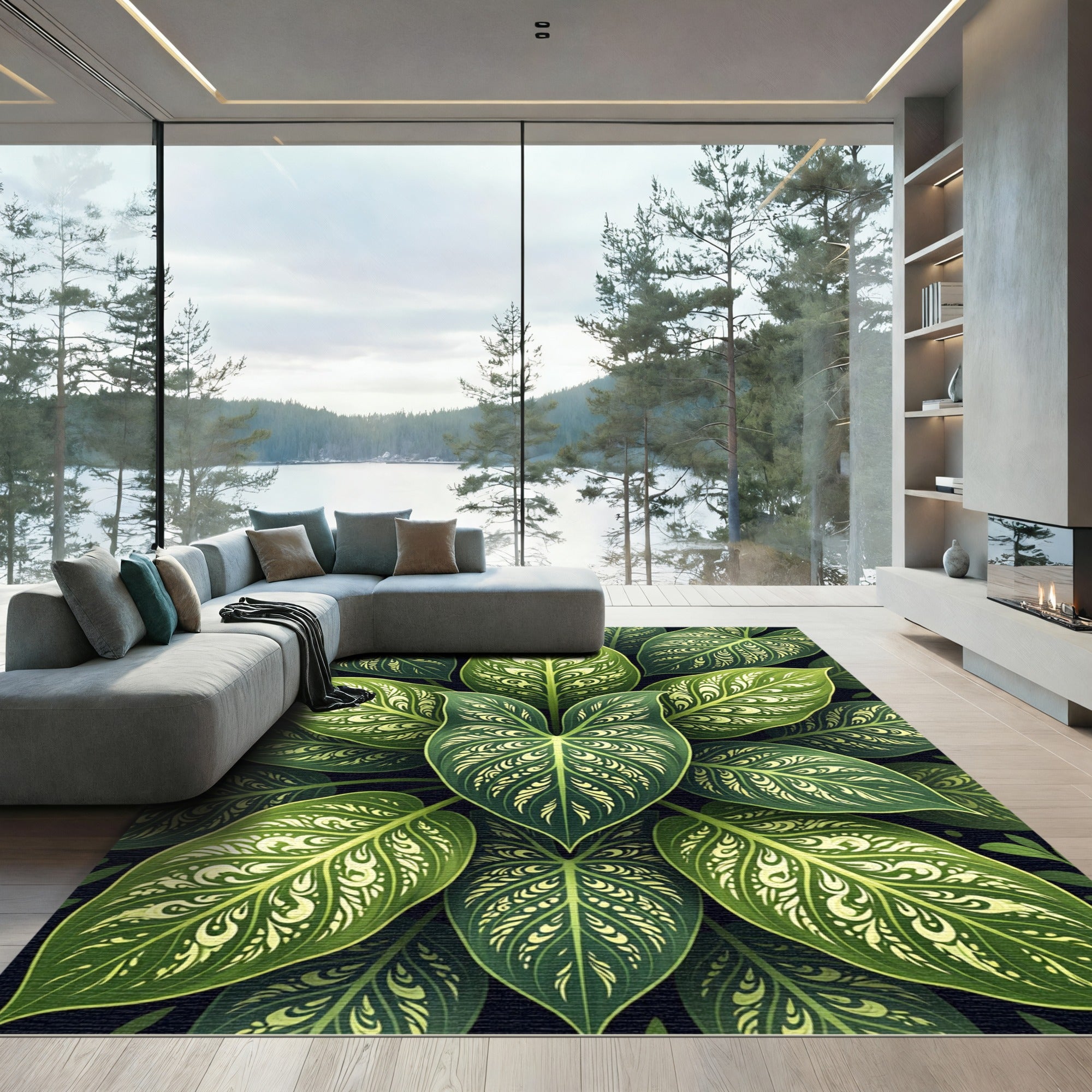 Lush Verdant Tropical Botanical Foliage Rug