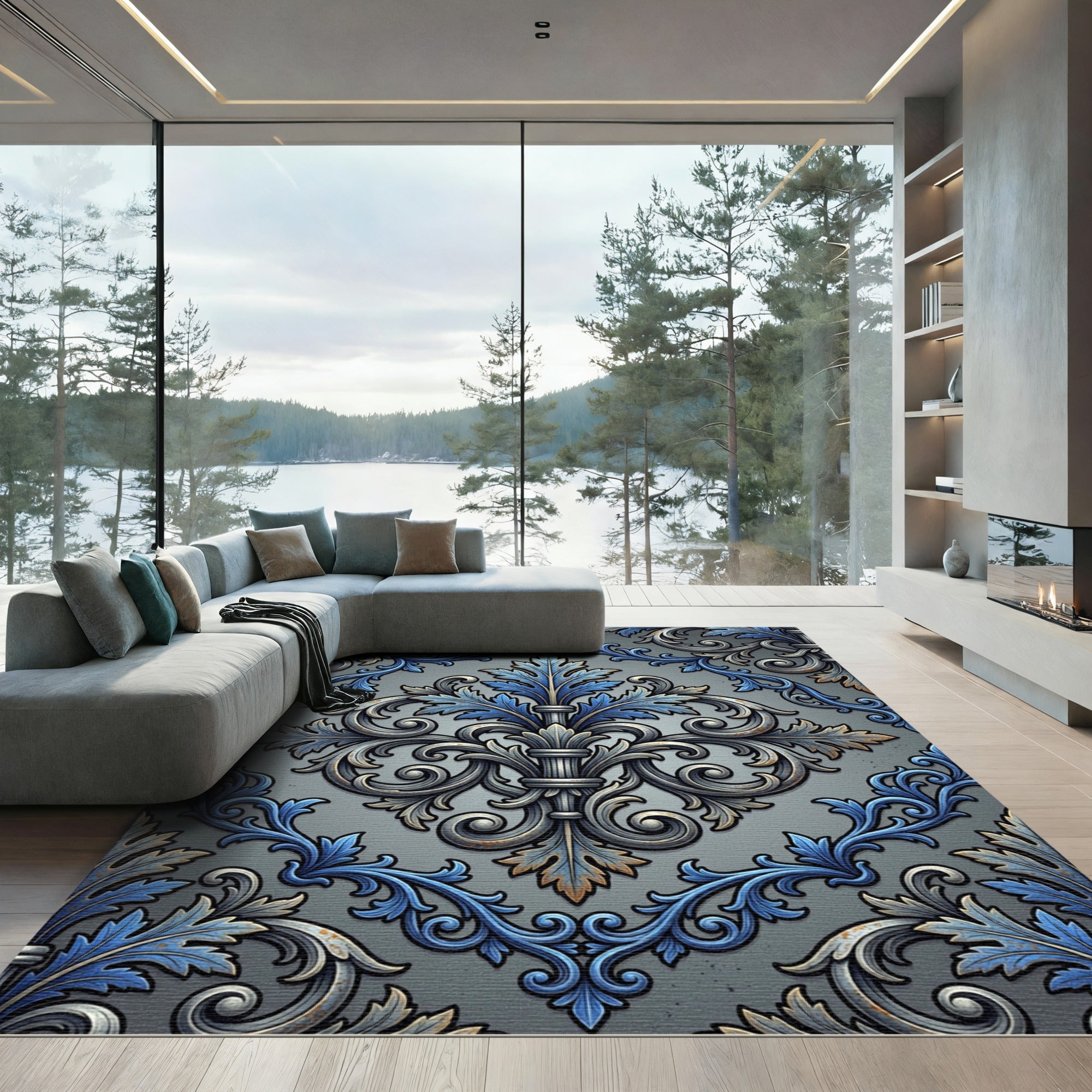 Ornate Blue Gray Damask Fleur Scroll Rug