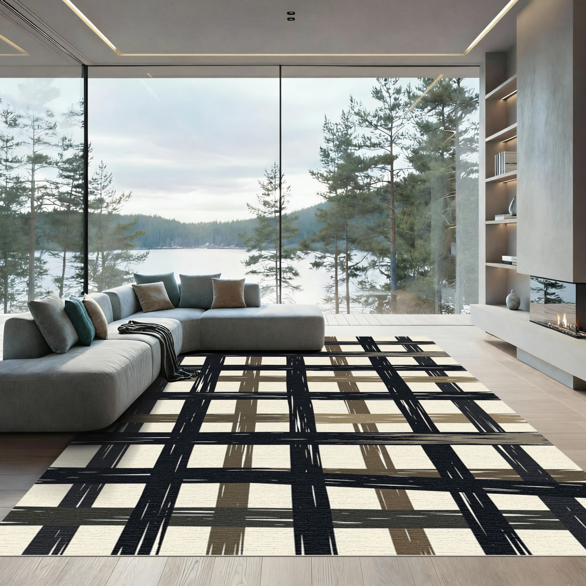 Bold Black Khaki Plaid Lines Rug