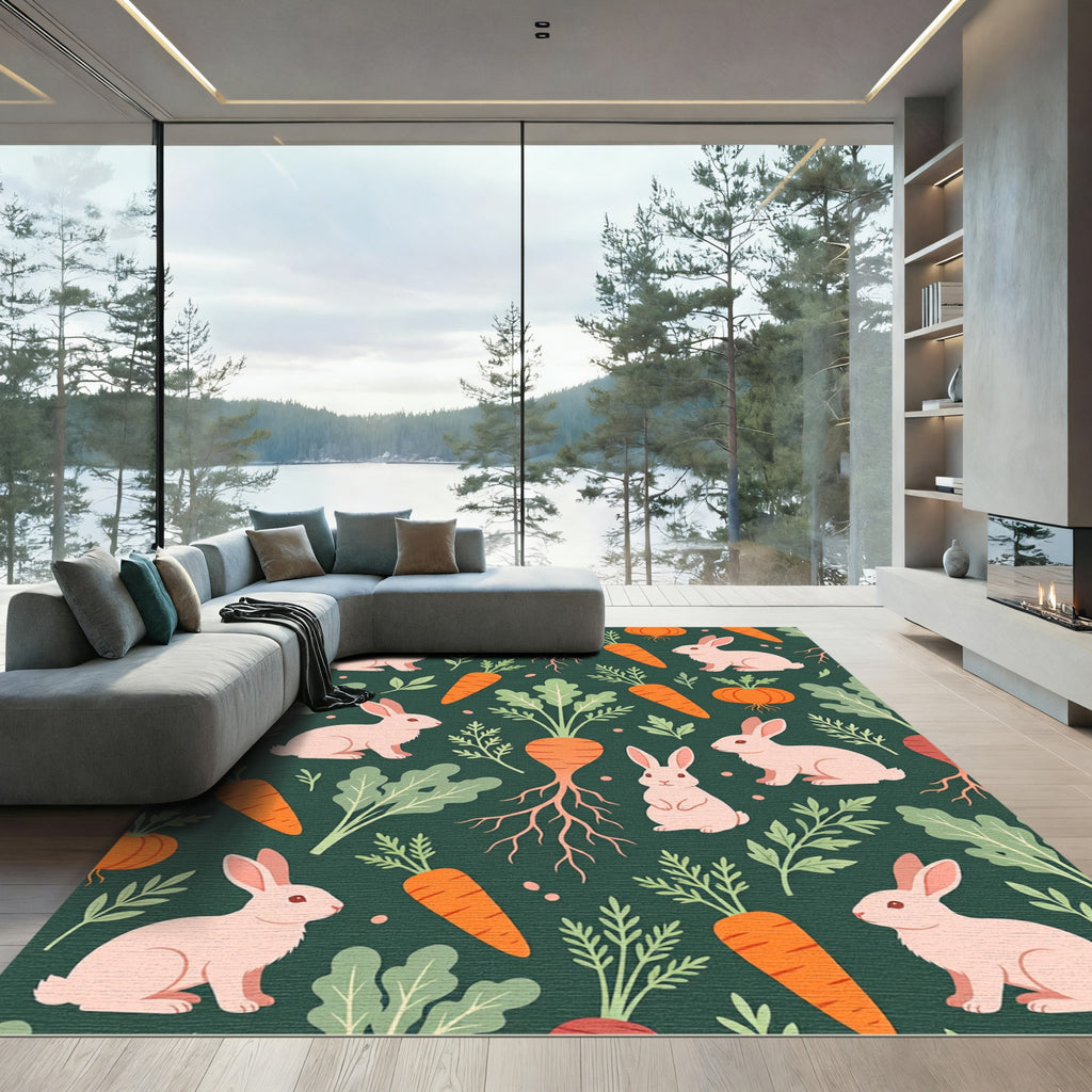 Whimsical Rabbit and Garden Carrot Illustration Rug