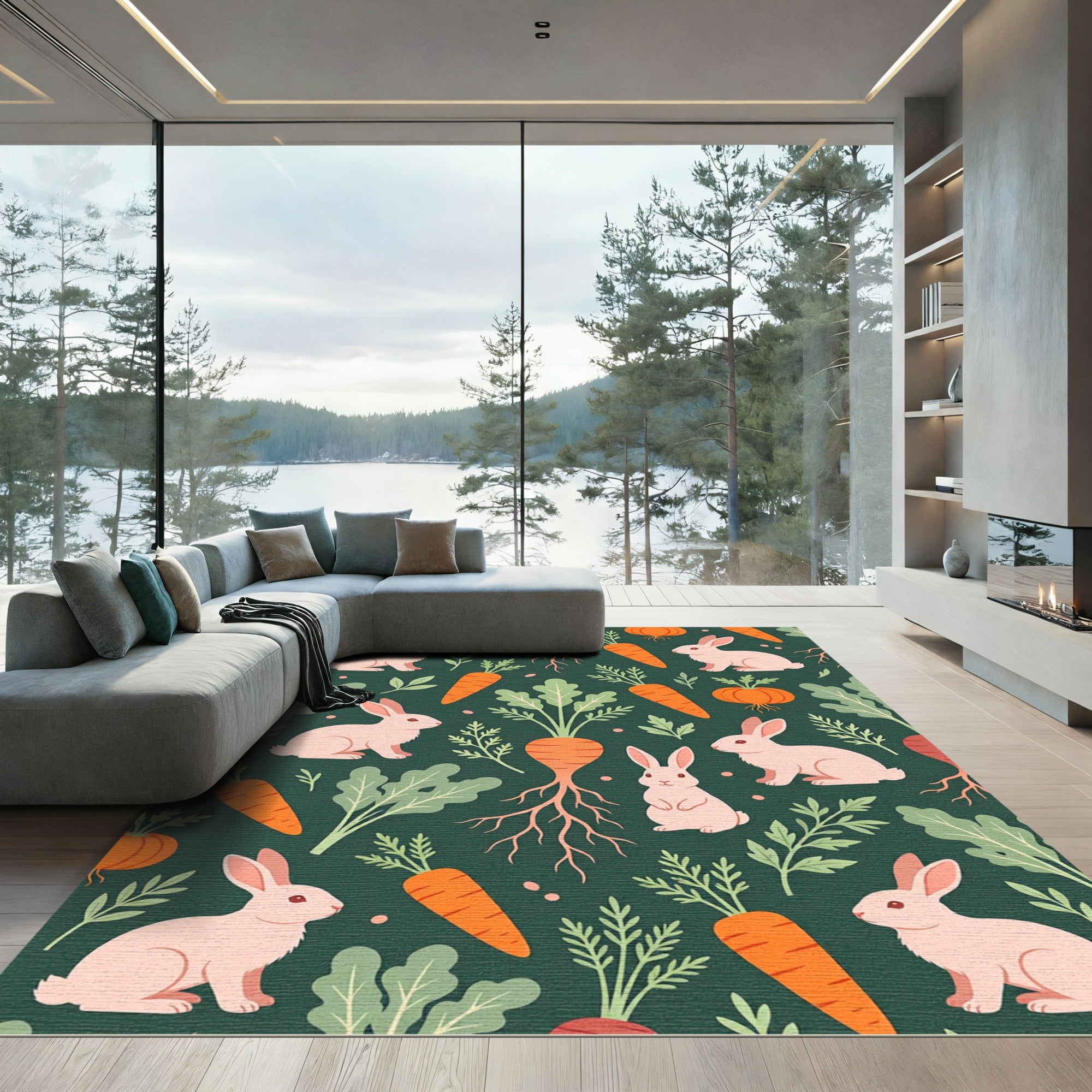Whimsical Rabbit and Garden Carrot Illustration Rug