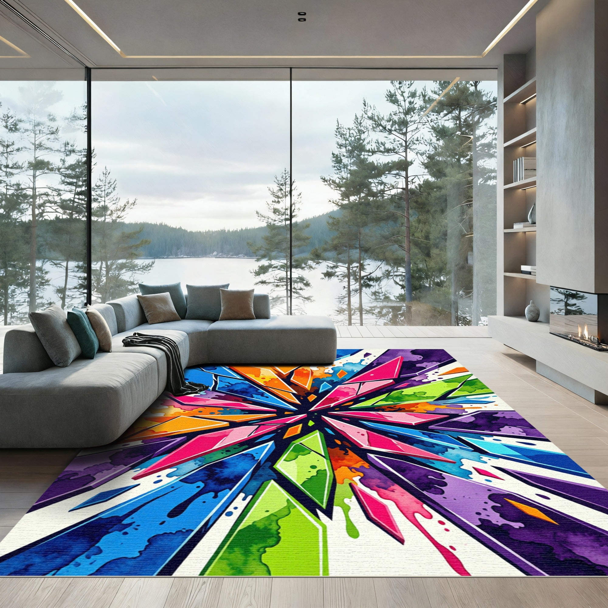 Vibrant Rainbow Shards Abstract Explosion Rug
