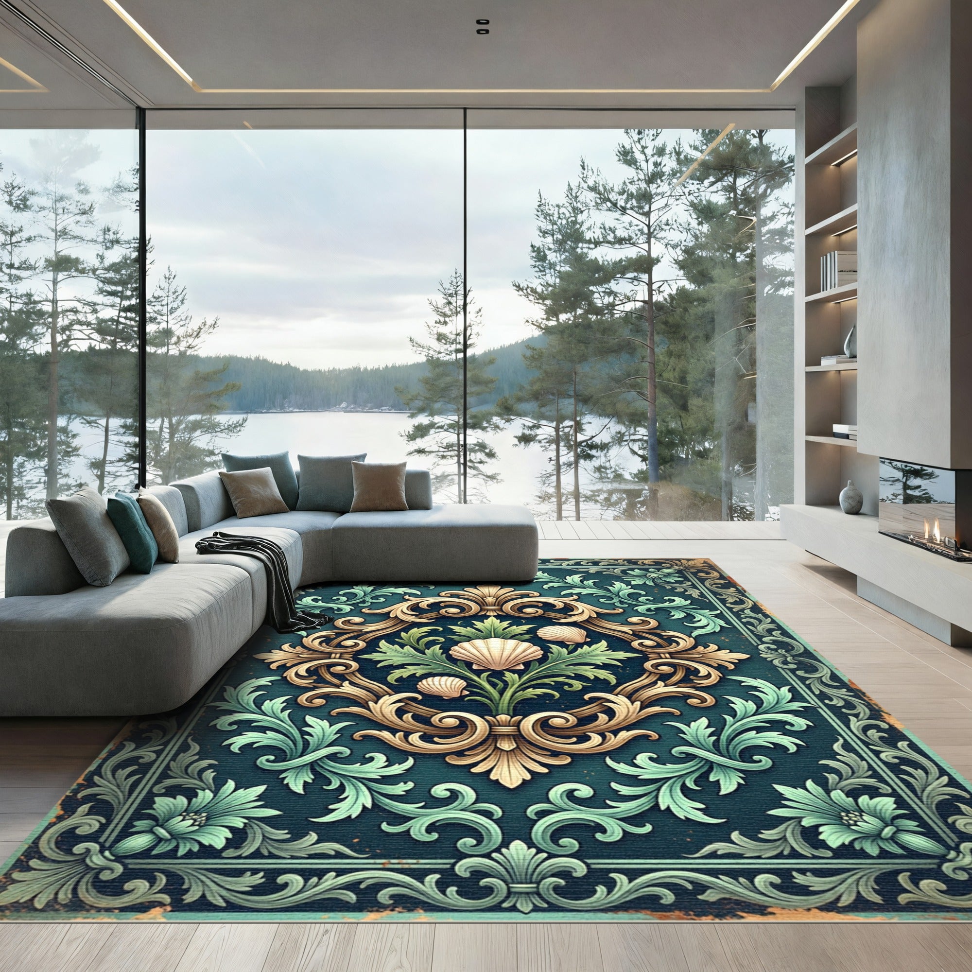 Ornate Teal Shell Botanical Scrollwork Rug