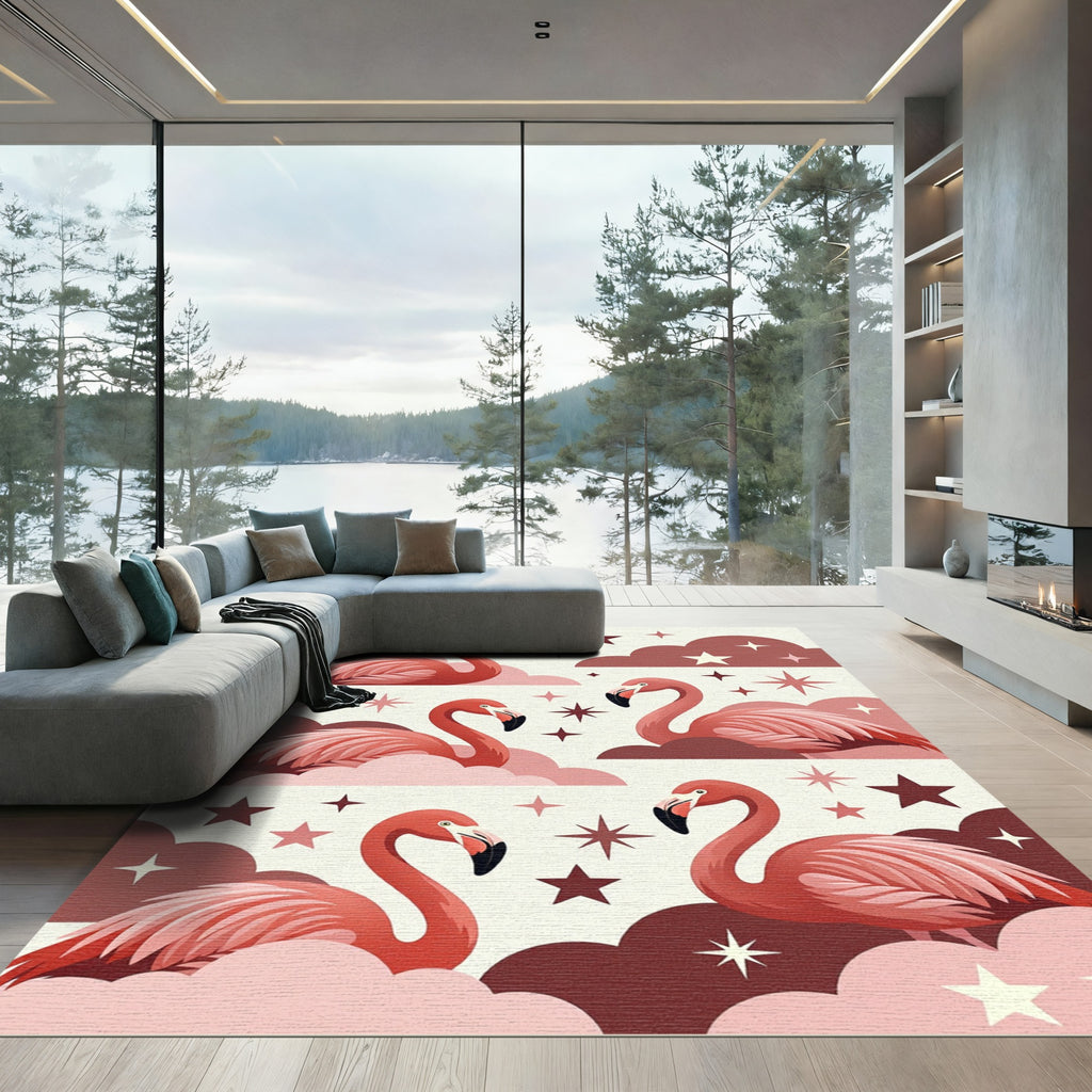 Dreamy Pink Flamingo Celestial Starry Sky Rug