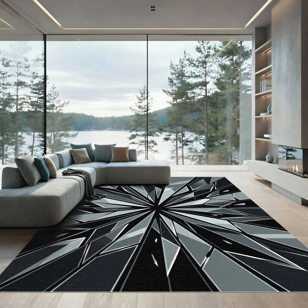 Monochromatic Geometric Starburst Shattered Glass Piece Rug