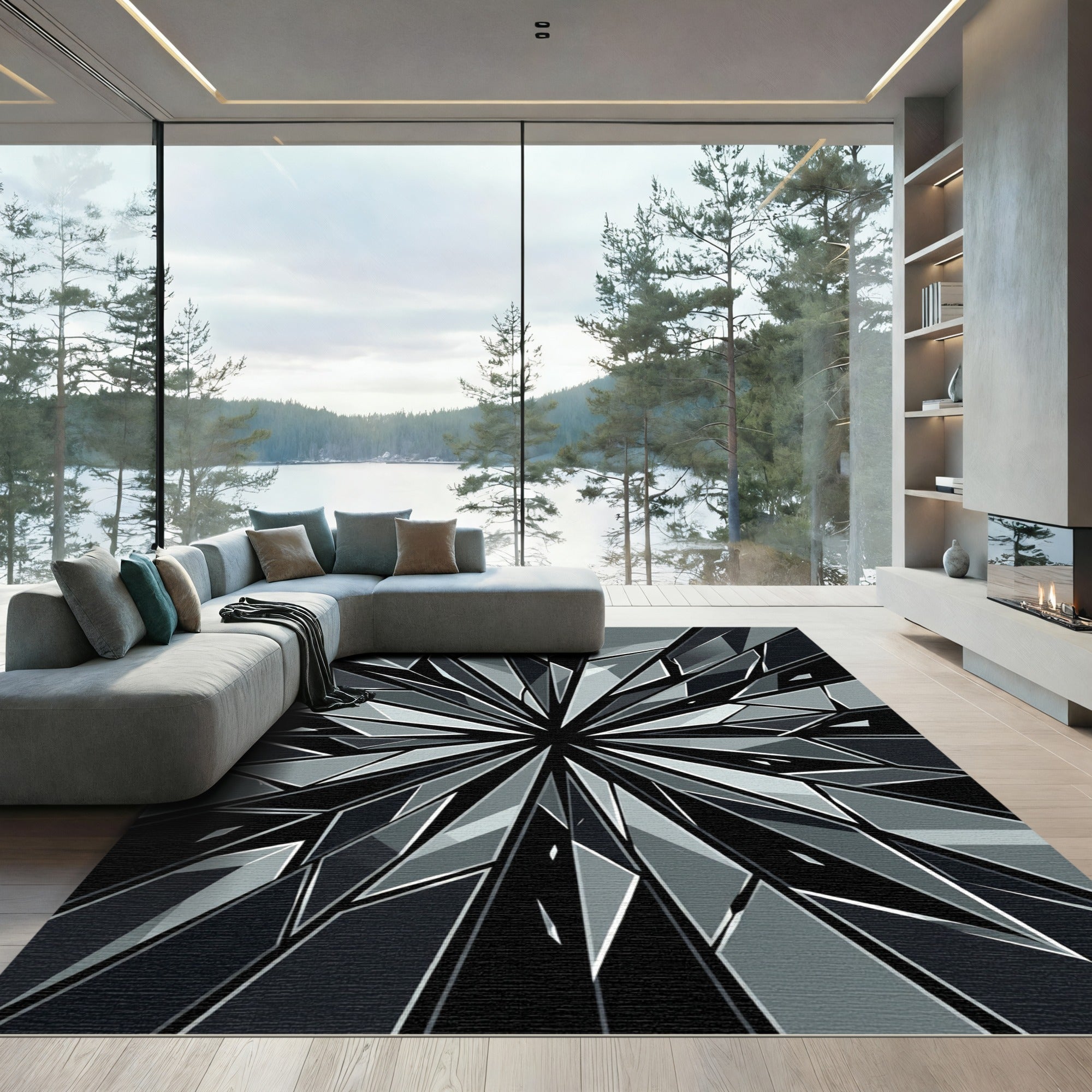 Monochromatic Geometric Starburst Shattered Glass Piece Rug