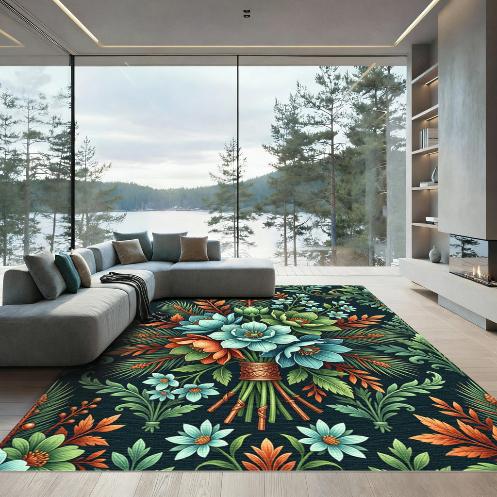 Botanical Teal Orange Pine Bouquet Rug