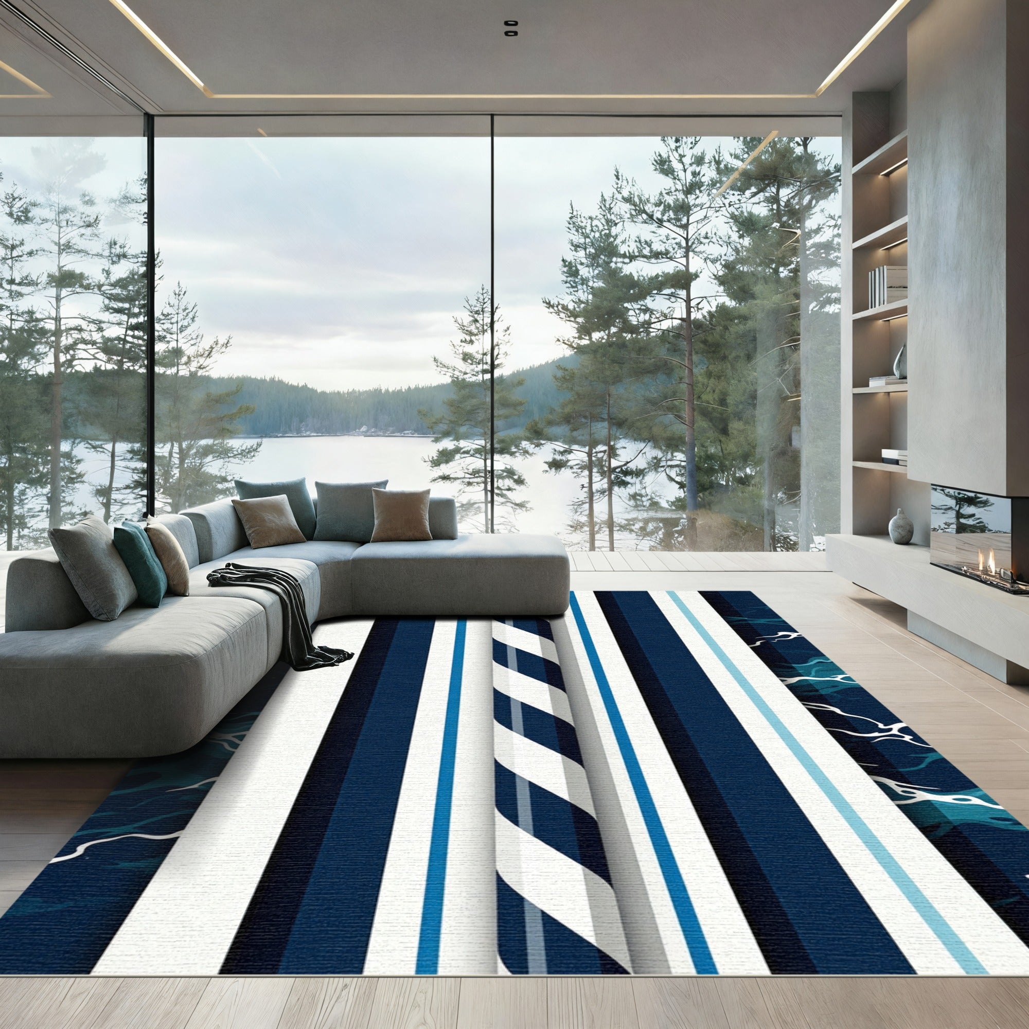 Navy Blue White Bold Striped Waves Rug