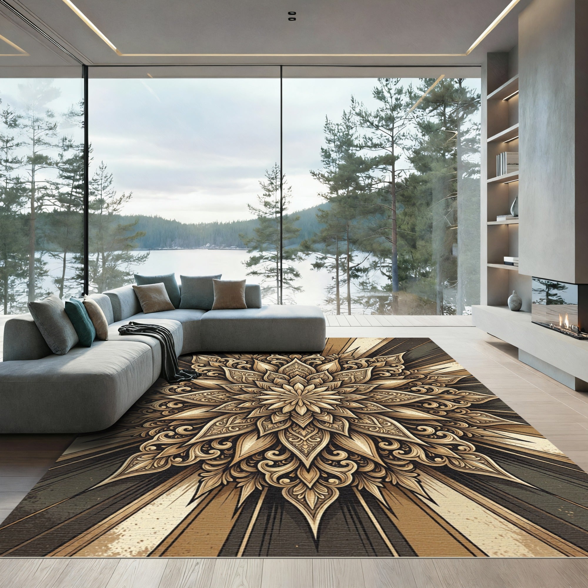 Golden Ornate Floral Sunburst Medallion Rug