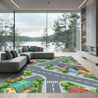 Vibrant Isometric Suburban Neighborhood Landscape Rug