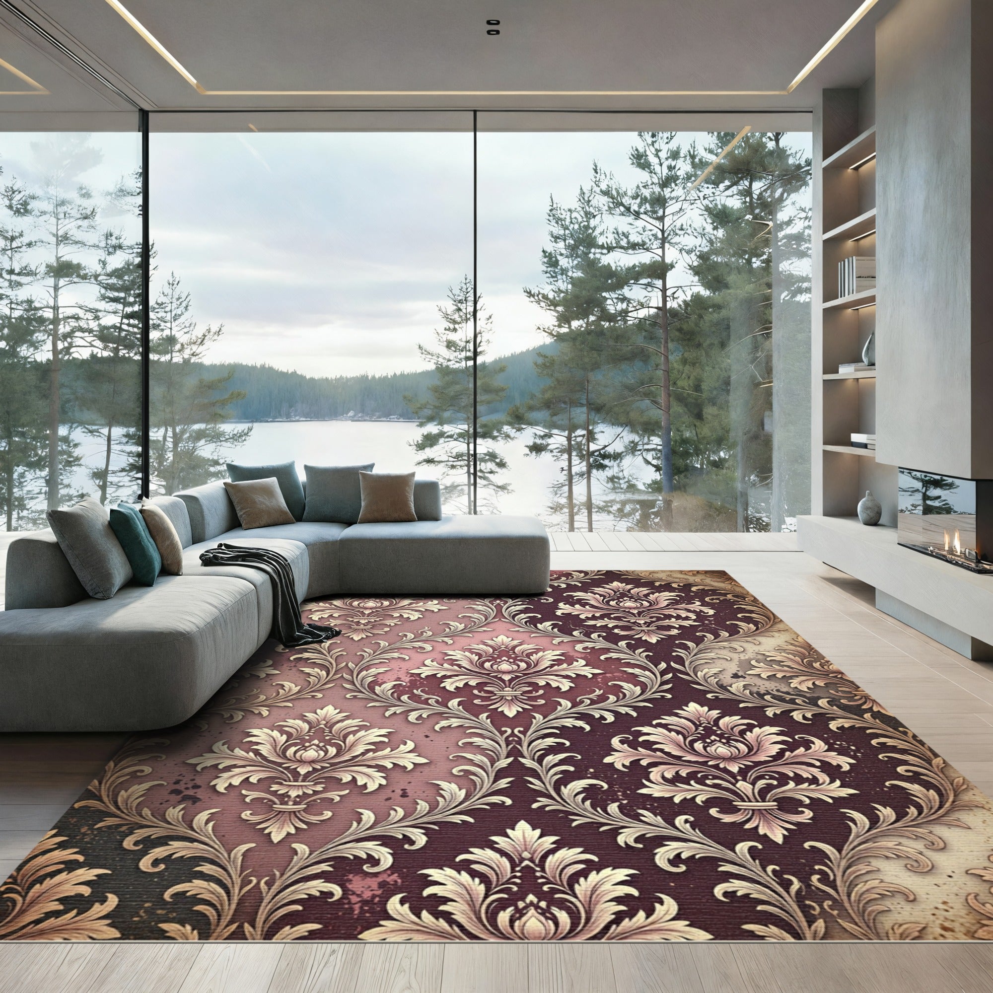 Ornate Crimson Floral Damask Rug